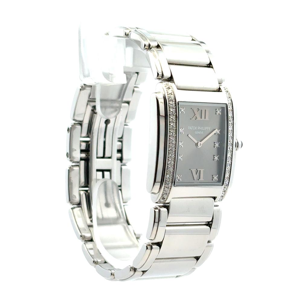 Patek Philippe 4910/10A Twenty-4 Stainless Steel Gray Dial Diamond Ladies Watch In Excellent Condition For Sale In Boca Raton, FL