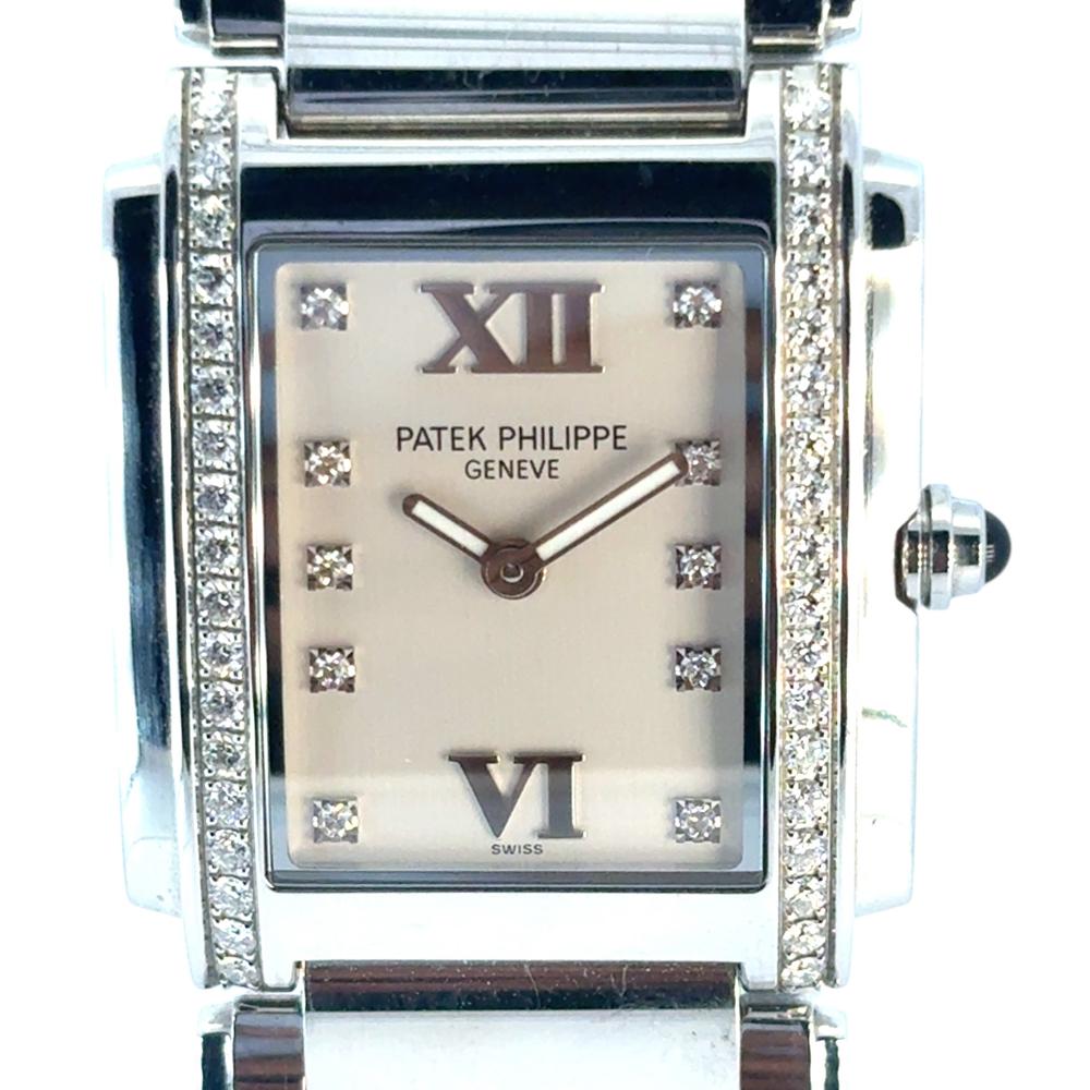 Modern Patek Philippe 4910/10A Twenty-4 Stainless Steel White Dial Diamond Ladies Watch For Sale