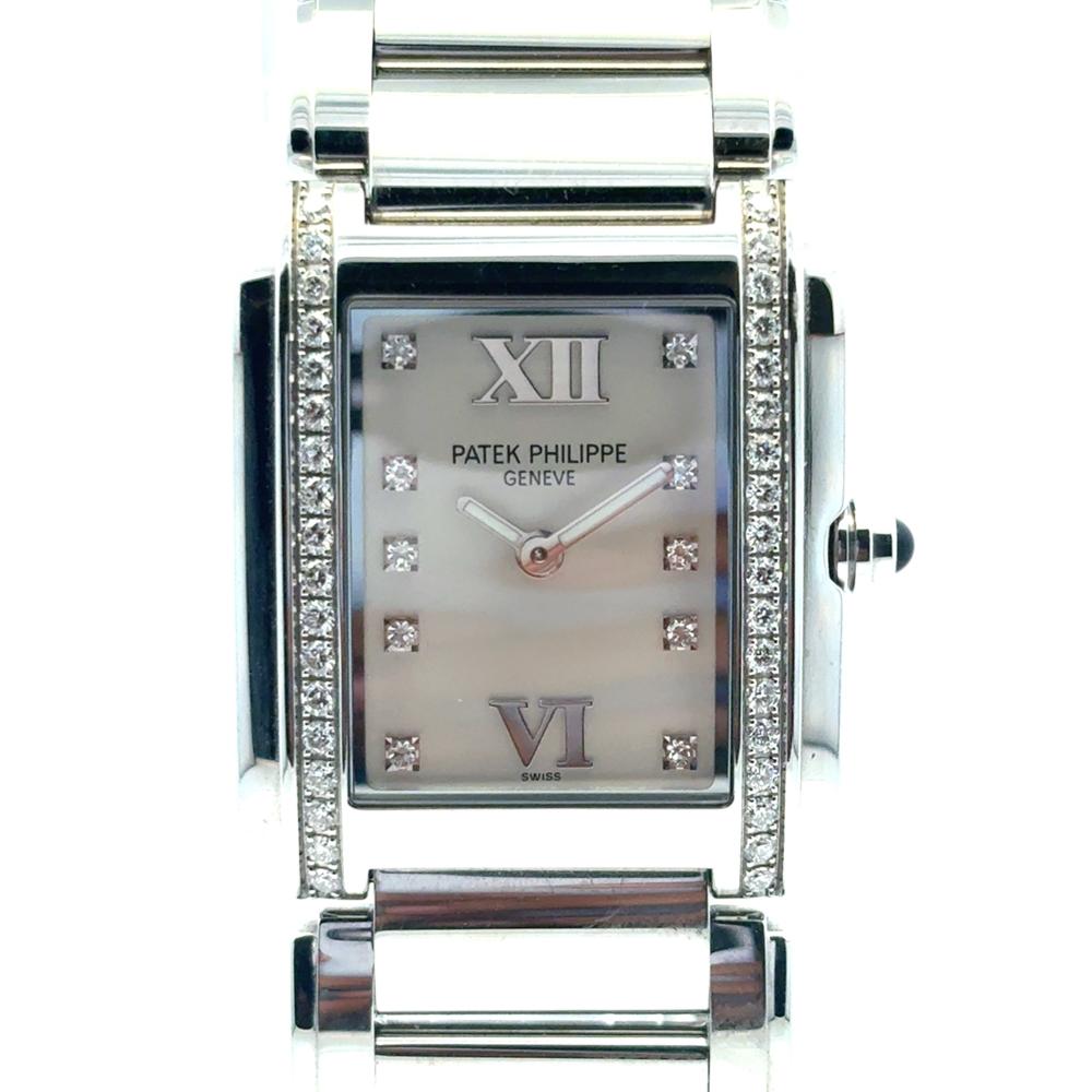 Round Cut Patek Philippe 4910/10A Twenty-4 Stainless Steel White Dial Diamond Ladies Watch For Sale