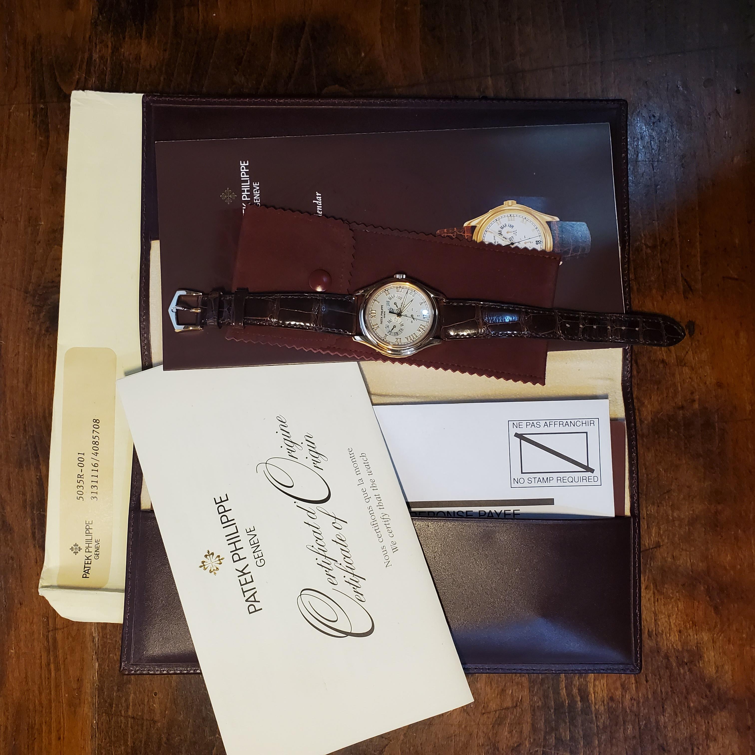 Contemporary Patek Philippe 5035R Annual Calendar Complicated watch,  Circa 2000  full Set For Sale