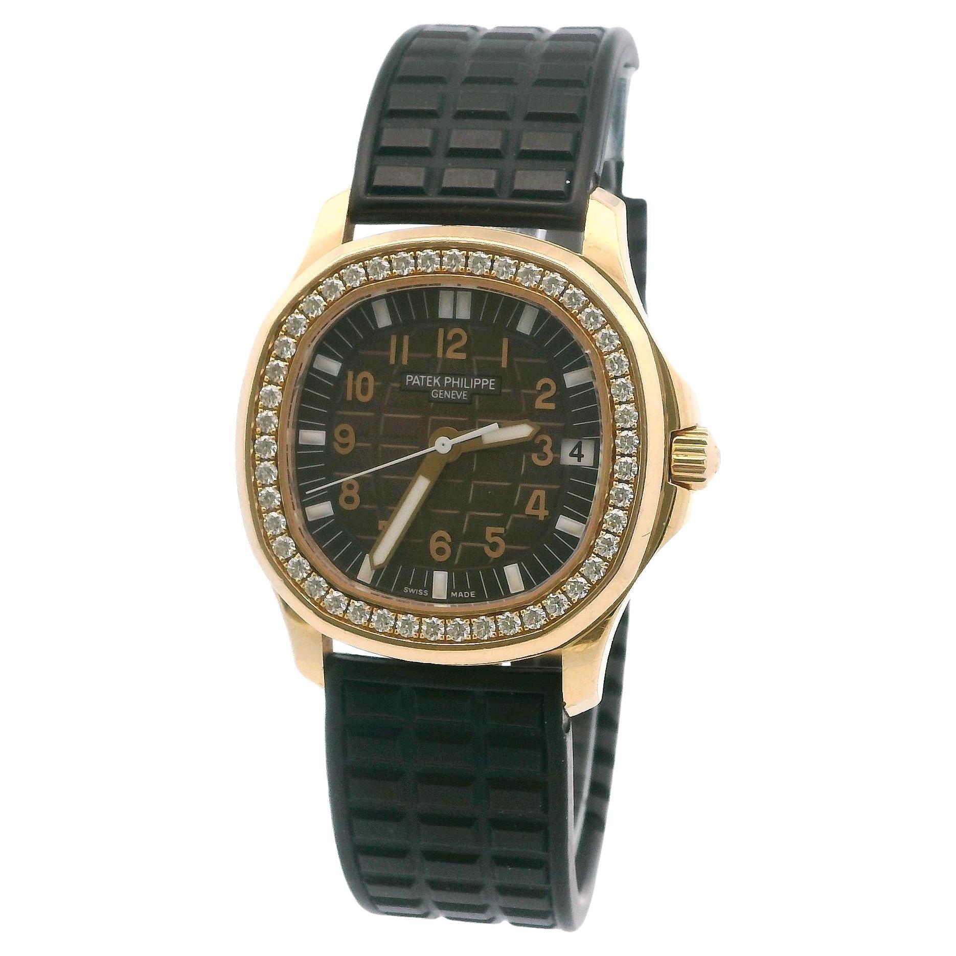 Patek Philippe 5068R Aquanaut Luce Ladies Watch is a stunning timepiece designed specifically for women. With a case diameter of 36mm, it is crafted from luxurious 18K rose gold, giving it an elegant and sophisticated appearance. The bezel is also