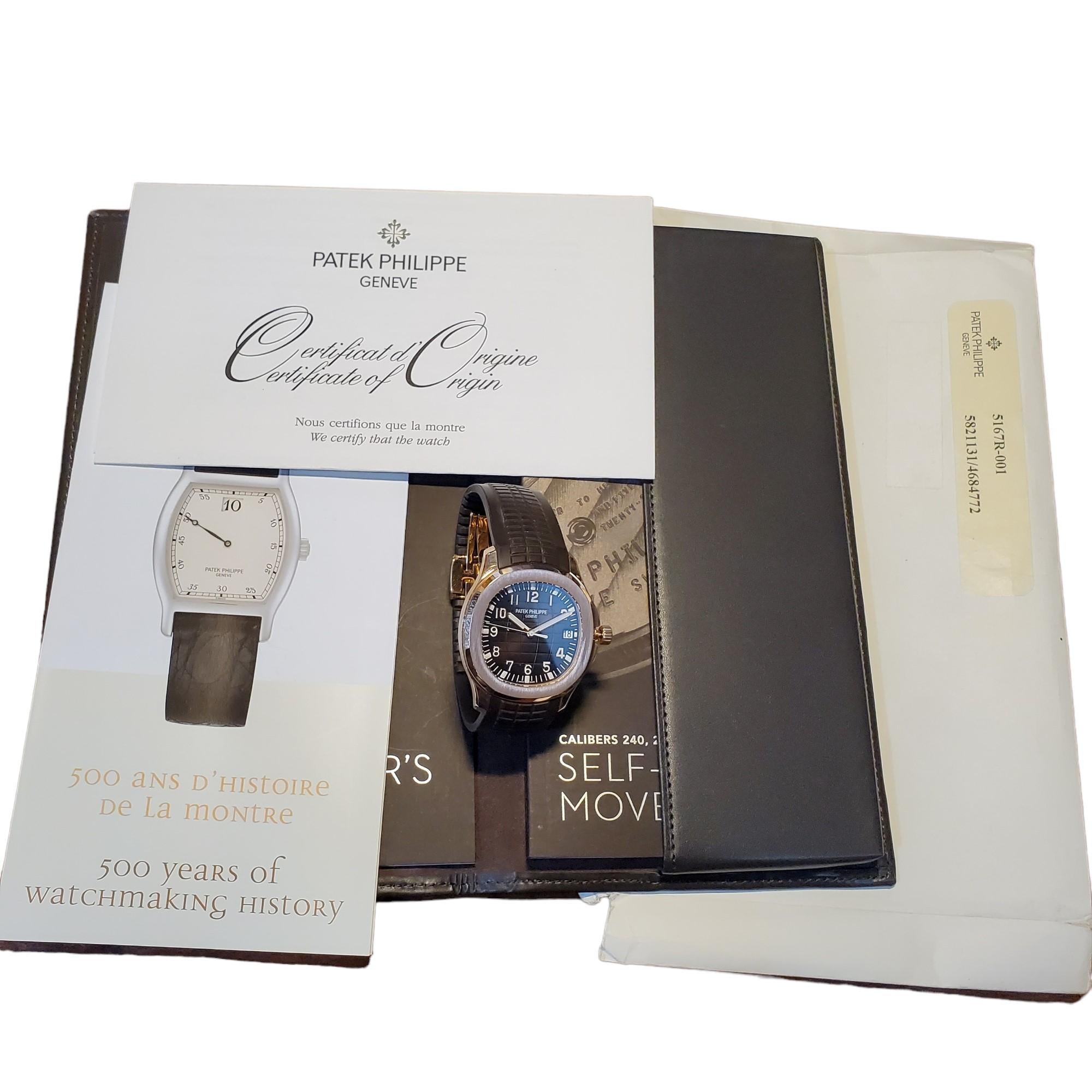 Patek Philippe 5167R Aquanaut; made in 18K rose gold in a 40mm case.  Brown rubber strap.  The watch is fitted with an 324 SC caliber automatic movement, # 5821131; case # 4684772
The watch comes complete, accompanied with its original certificate