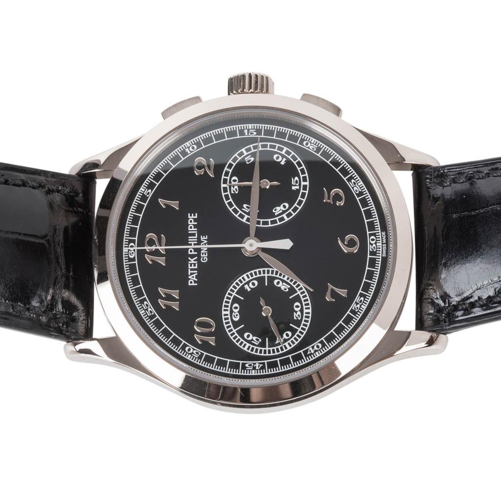 Guaranteed authentic Patek Philippe manual Chronograph 5170G-010 18K White Gold is a clean pure and beautiful dress men's watch .
This elegant chronograph features applied Breguet numerals.
Subtle rounded leaf shaped hands.
Sapphire crystal is