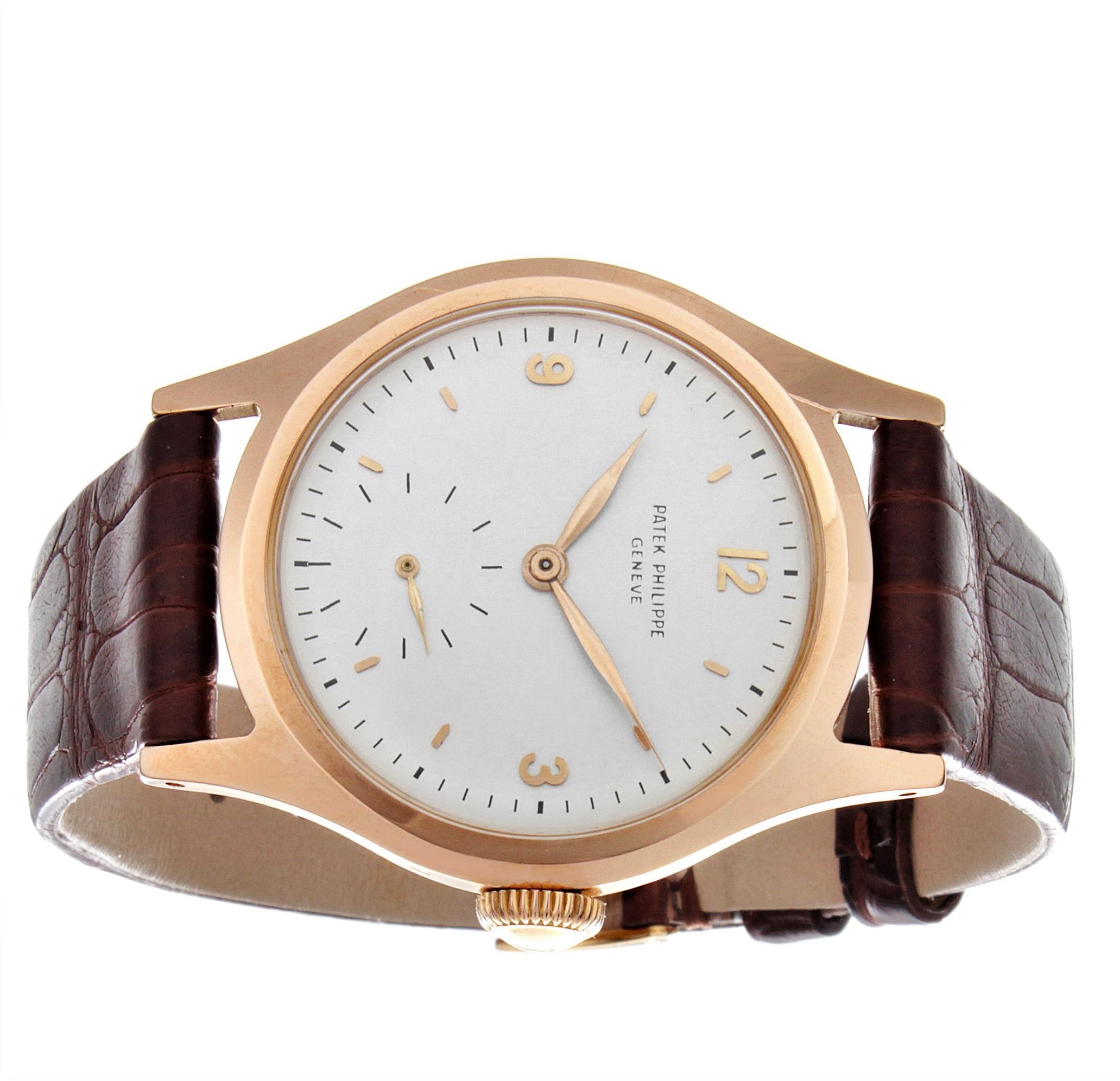 Introduction:
Patek Philippe 565R Vintage Calatrava in 18K Rose gold, Arabic numeral dial, water resistant screw down back.  This example is not over polished or restored, original dial.
Well preserved case, with strong hall marks. The watch is