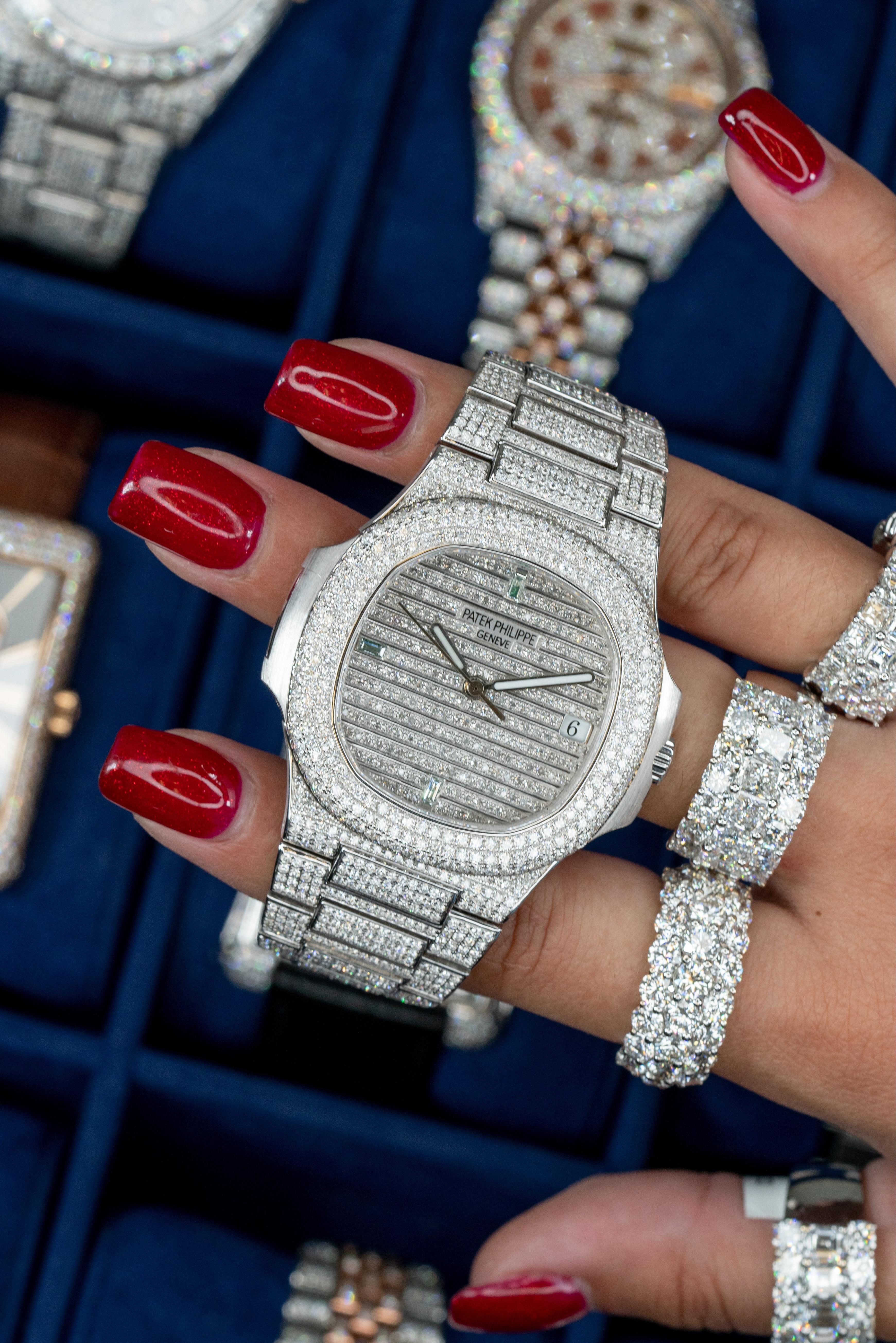 Patek Philippe 5711 All Diamond Watch 18 Karat in Stock In Excellent Condition For Sale In Boca Raton, FL