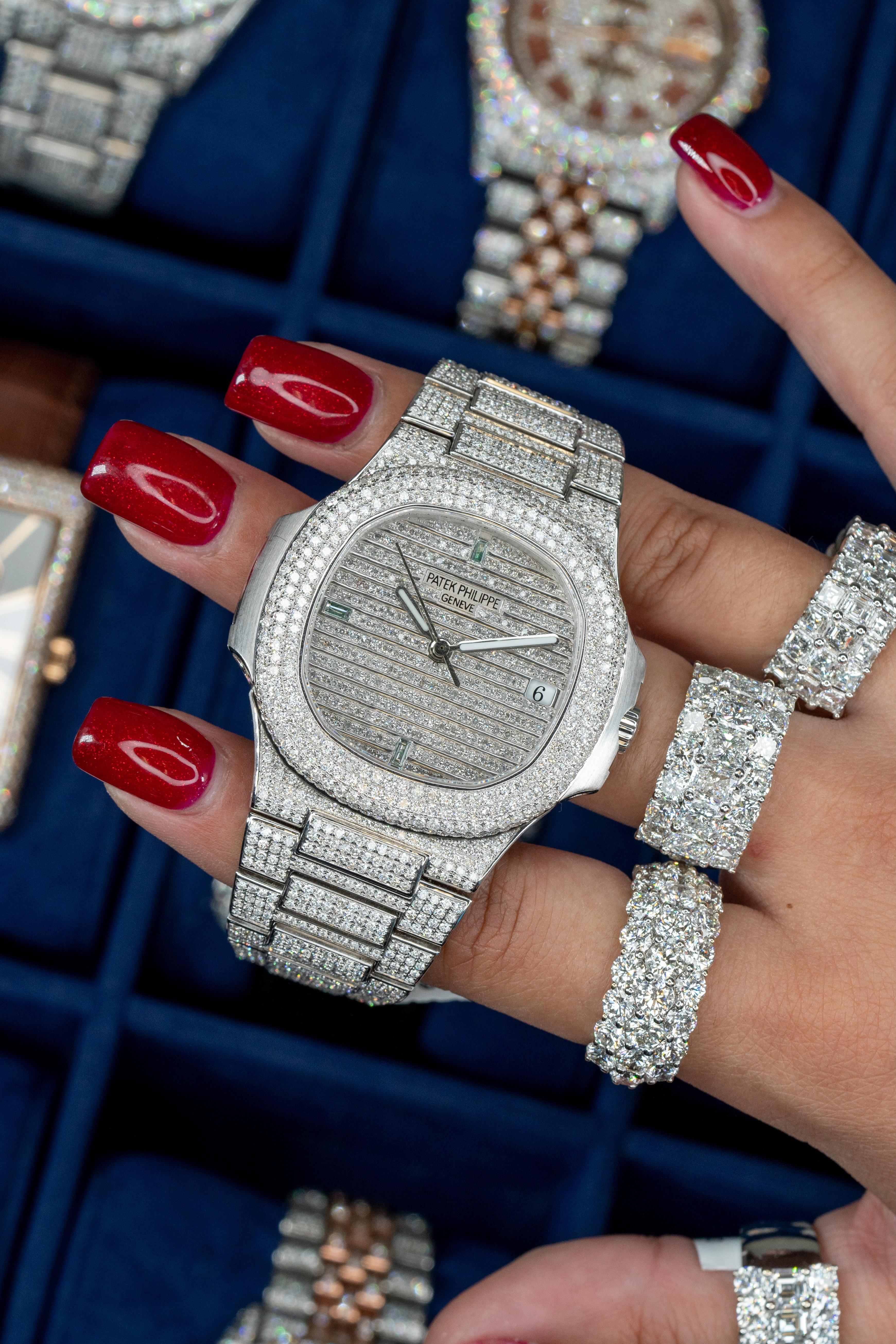 Women's or Men's Patek Philippe 5711 All Diamond Watch 18 Karat in Stock For Sale