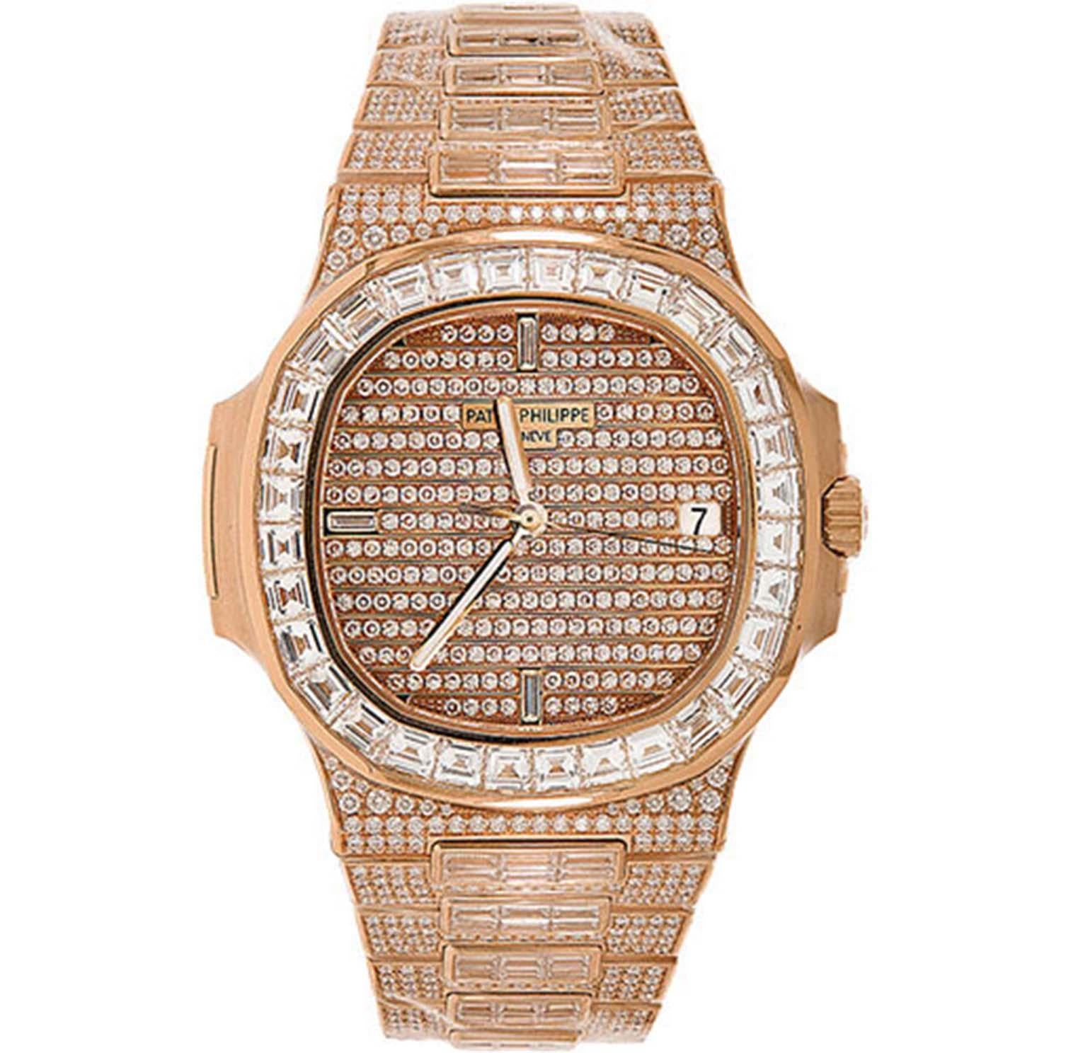 Brand: Patek Philippe

Series: Nautilus 

Ref No.: 5719/10R-010

Movement: Automatic

Case Material: 18k Rose Gold

Dial:  Rose Gold w/ Diamonds 

Crystal: Scratch Resistant Sapphire 

Bracelet Material: Rose Gold 

Box/Papers: YES / YES

Includes: