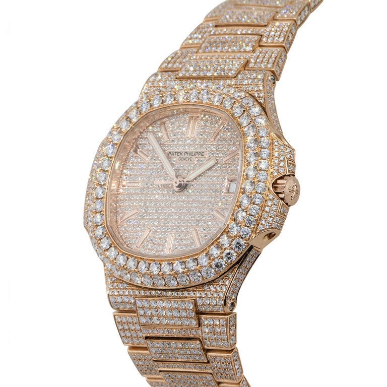 Round Cut Patek Philippe 5719 Nautilus 18k Rose Gold All Diamond Pave Watch For Sale