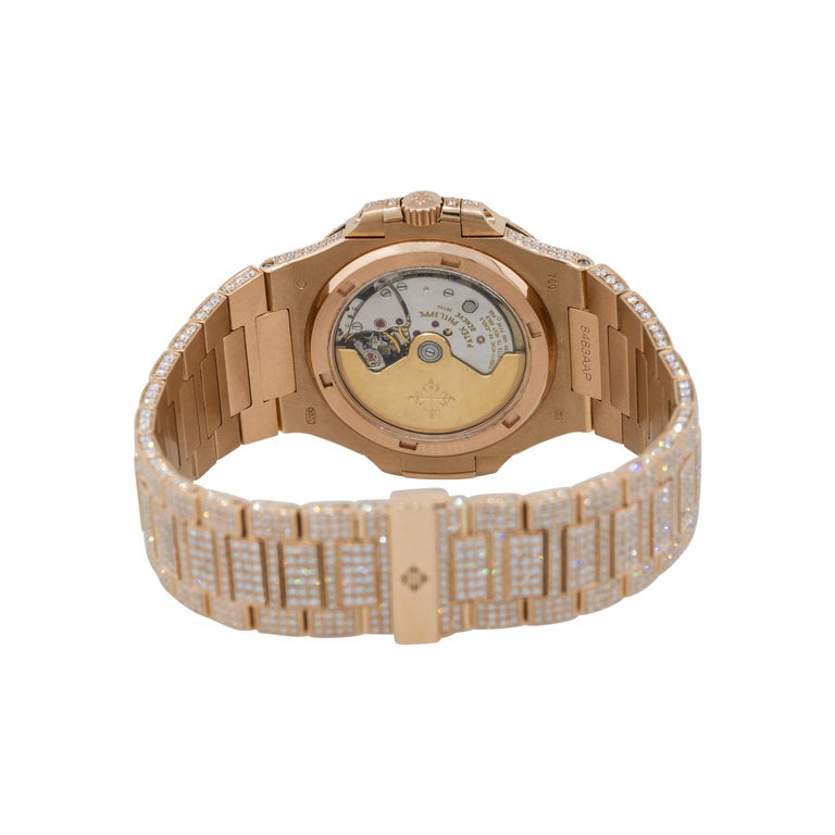 Women's or Men's Patek Philippe 5719 Nautilus 18k Rose Gold All Diamond Pave Watch For Sale