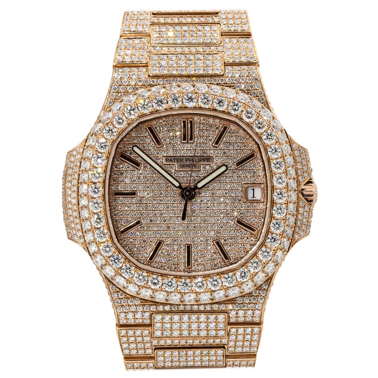 Patek Philippe 5719 Nautilus 18k Rose Gold All Diamond Pave Watch For Sale