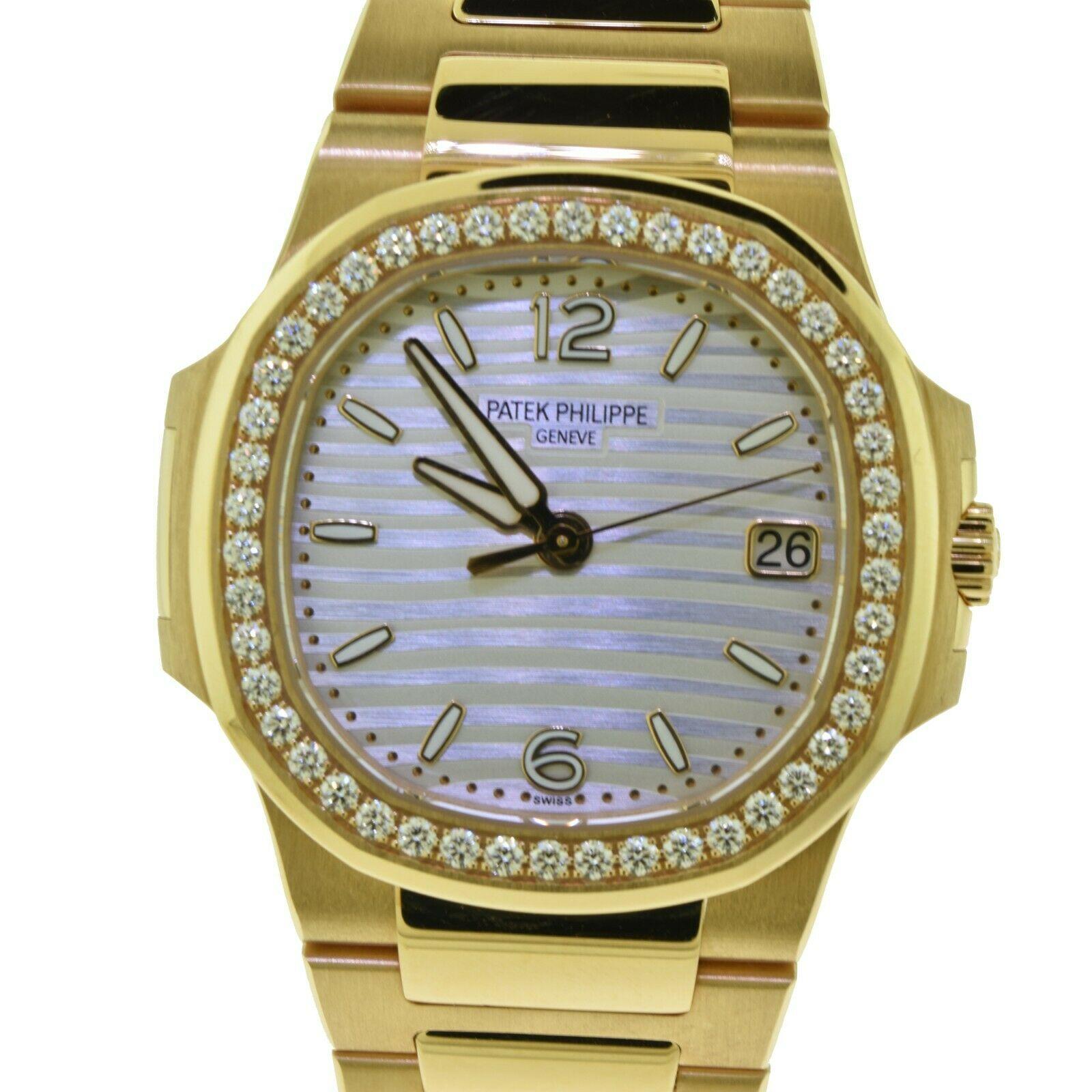 Brilliant Cut Patek Philippe 7010/1R-011 Nautilus Ladies Rose Gold Diamond Bezel Watch