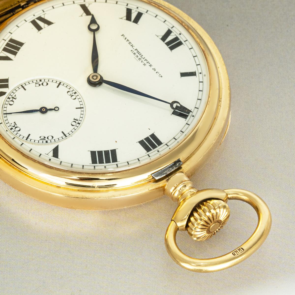 Patek Philippe. An 18ct Yellow Gold Full Hunter Keyless Lever Pocket Watch with It's Original Box C1918

Dial: The rare Cream Enamelled dial with big Roman numerals outer minute track signed Patek Philippe & Cie Geneve and subsidiary seconds dial at
