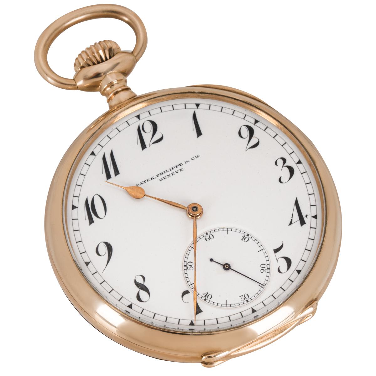 Patek Philippe. A Rare 14ct Rose Gold keyless lever Open Face Pocket Watch C1911.

Dial: The superb white enamel dial fully signed Patek Philippe & Cie Genève with rare Breguet numerals, outer minute track and subsidiary seconds dial with original