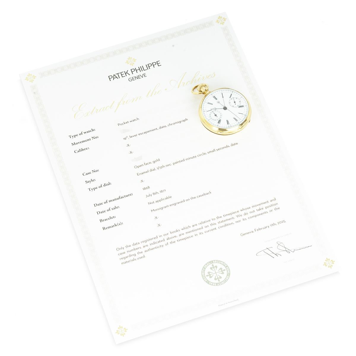 Patek Philippe. A Rare Gold Chronograph Date Pocket Watch C1868 For Sale 7