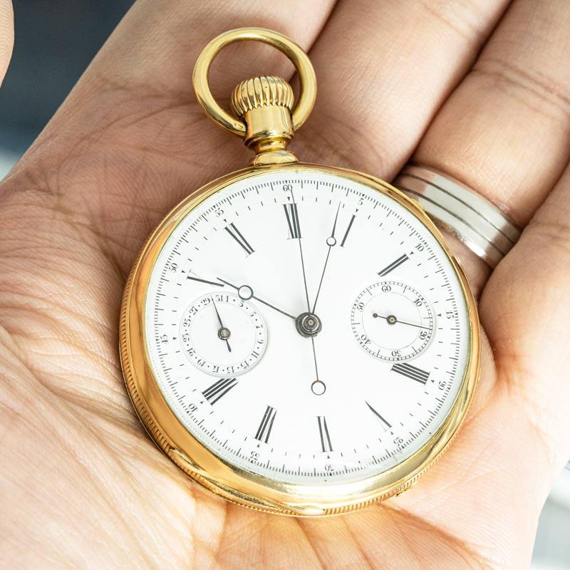 Patek Philippe. A Rare Gold Chronograph Date Pocket Watch C1868 For Sale 5