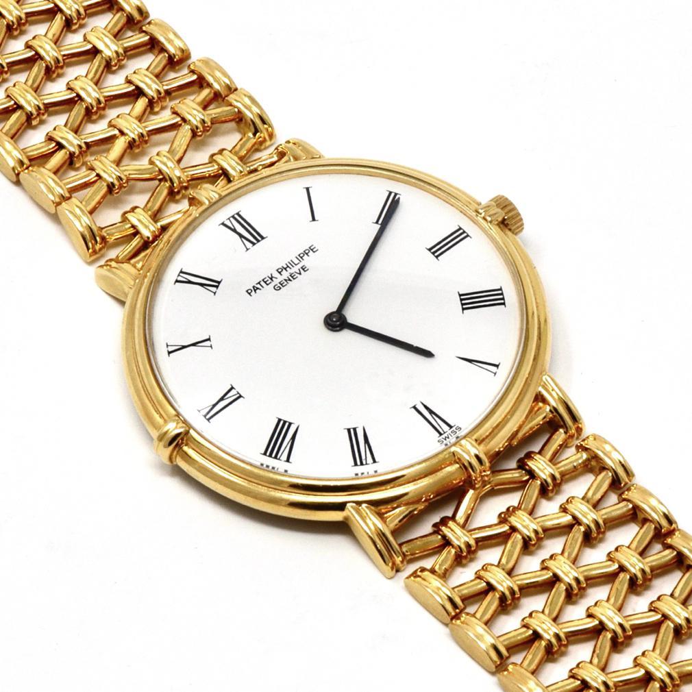 PATEK PHILIPPE, A VERY RARE CALATRAVA 18K YELLOW GOLD BRACELET WATCH, REF. 3821/1.
CIRCA: 1985
CASE MATERIAL: 18k Yellow Gold
CASE SIZE: 31.5mm round x 5.2mm thick
CRYSTAL: Sapphire Crystal
MOVEMENT NUMBER: 1.369.20, Movement is the manual winding
