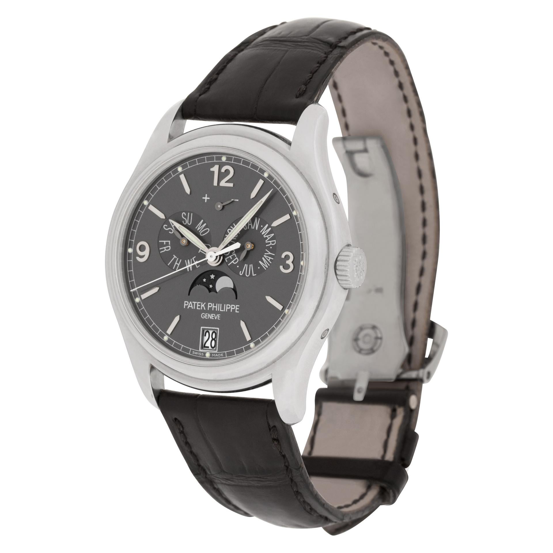 Patek Philippe Annual Calendar in 18k white gold on alligator strap. Auto w/ sweep seconds, date, day, month, moonphase and power reserve. 38 mm case size. With box and papers. Ref 5146G-010. Circa 2006. Fine Pre-owned Patek Philippe