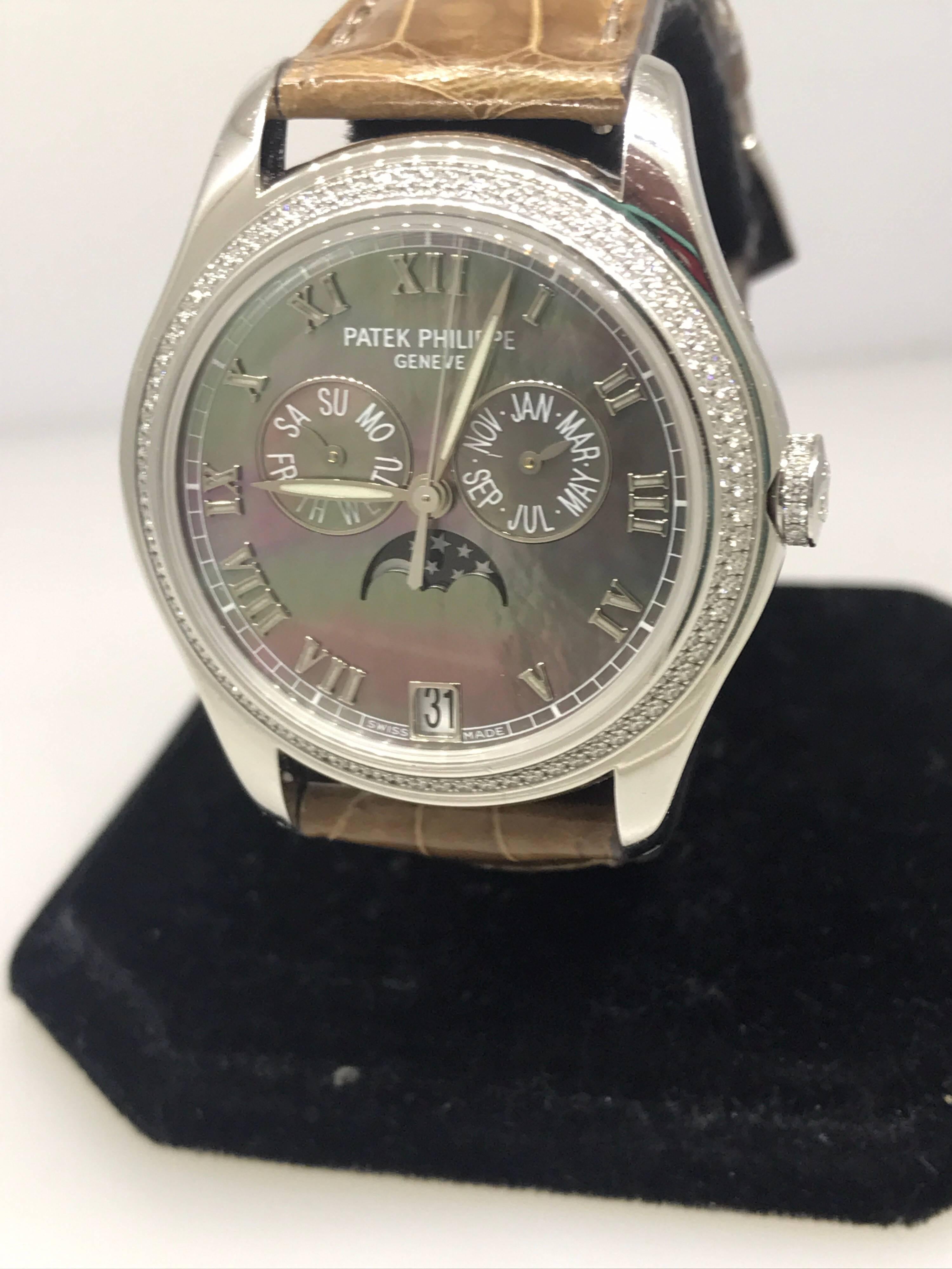 Patek Philippe Complications Annual Calendar Ladies Watch

Model Number: 4936G-001

100% Authentic

Pre-owned in excellent condition

Comes with original Patek Philippe Box, Warranty, and instruction manual

18 Karat White Gold Case & Buckle

Black