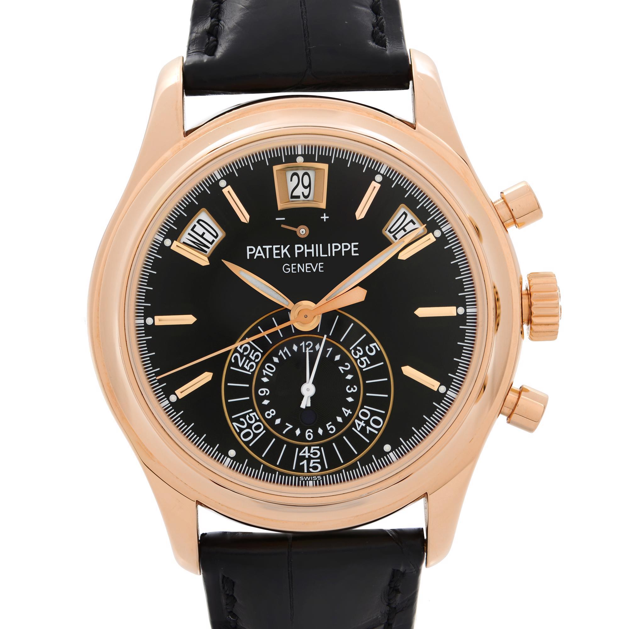 Pre-owned Patek Philippe Annual Calendar Chronograph 18K Rose Gold Black Dial Watch 5960R-010.  Paper is Dated 2013. This Beautiful Timepiece is Powered by a Mechanical (Automatic) Movement and Features: 18k Rose Gold Case with a Black Leather