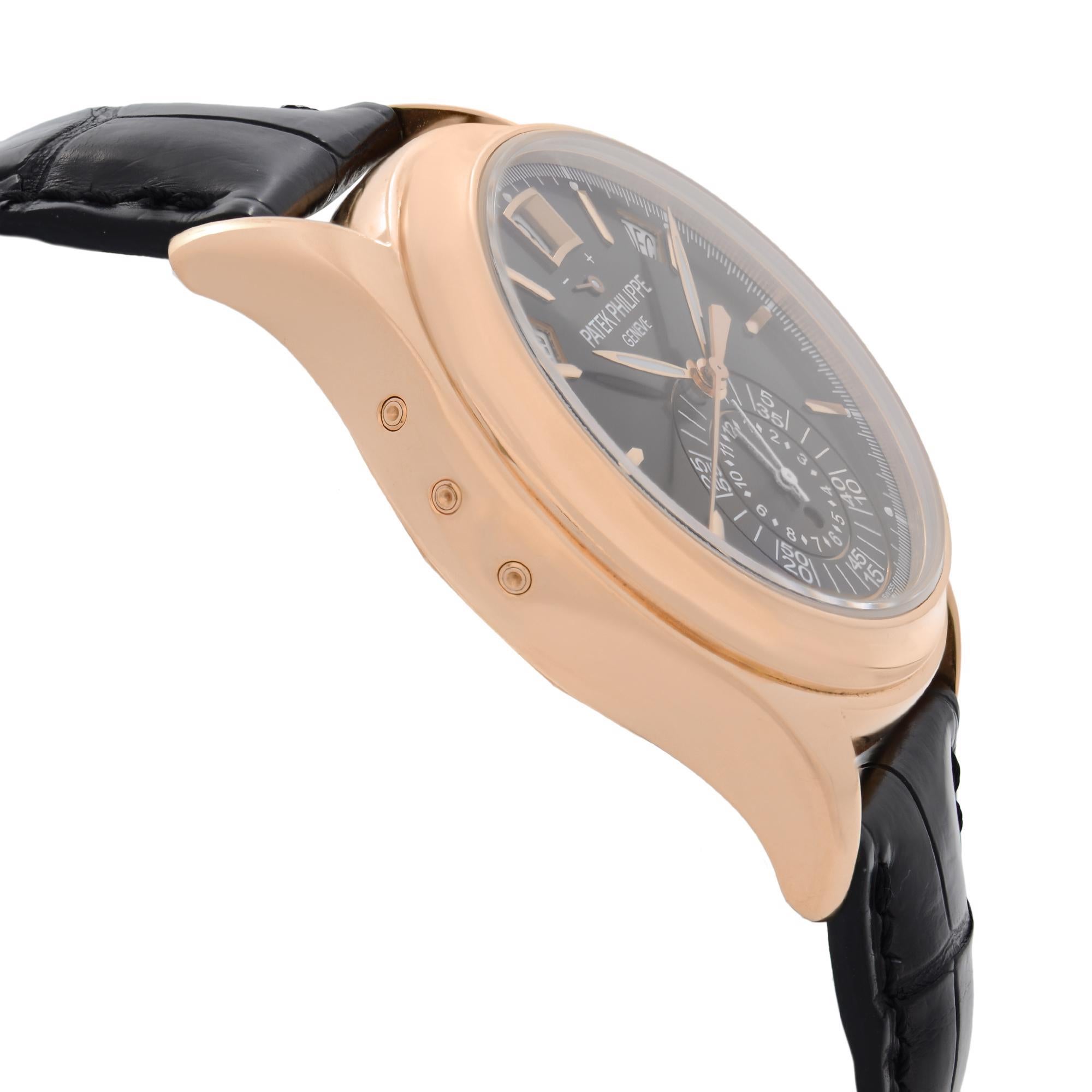 Patek Philippe Annual Calendar Chrono 18K Rose Gold Black Dial Watch 5960R-010 In Excellent Condition In New York, NY