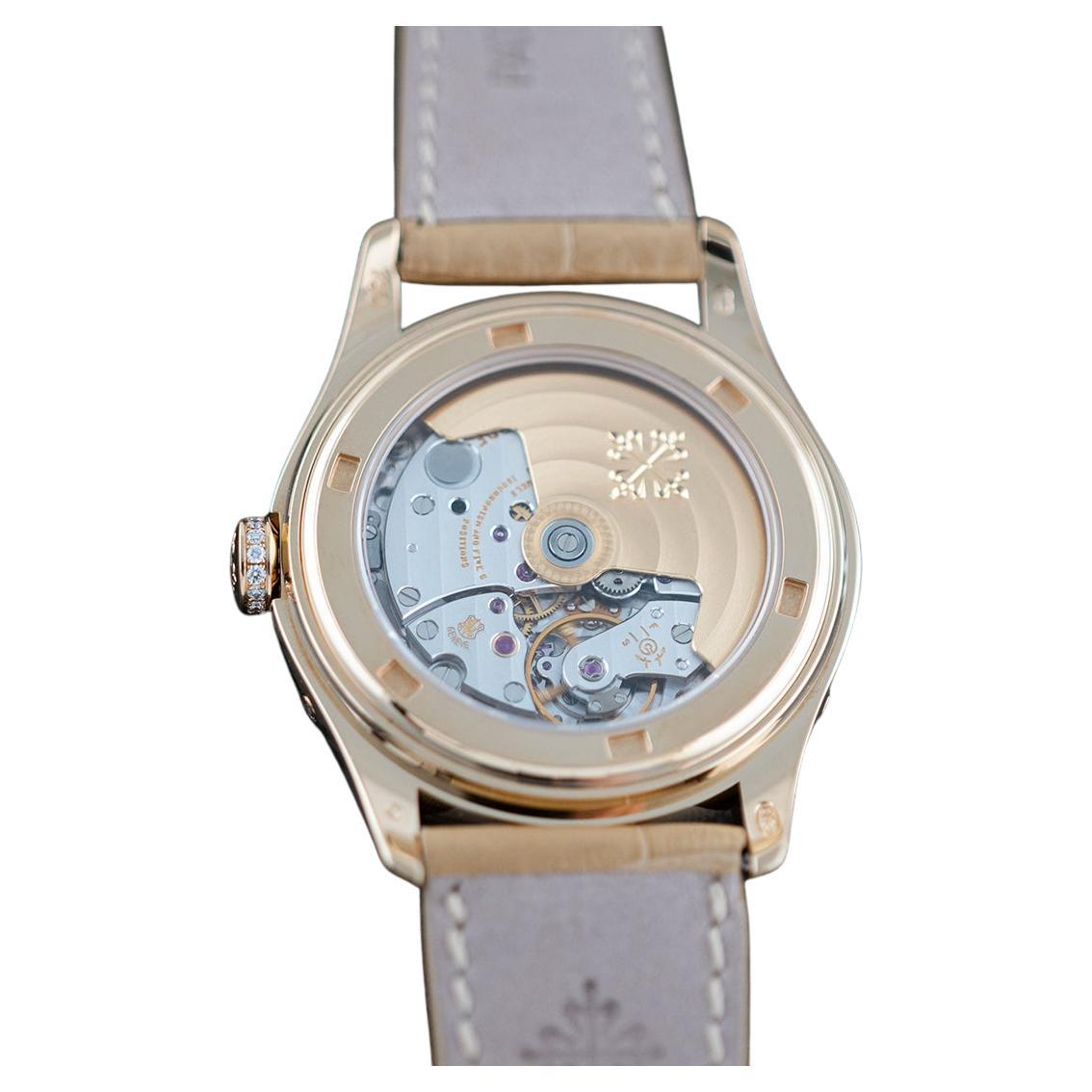 Rare Patek Phillipe Annual Calendar Ladies Watch fitted with, with 18kt/750 Yellow Gold and Diamond Bevel Case, Mother of Pearl Dial, Alligator/Crocodile Leather Strap, Clasp Tang Crystal, Scratch Resistant Sapphire Case Back Scratch Resistant