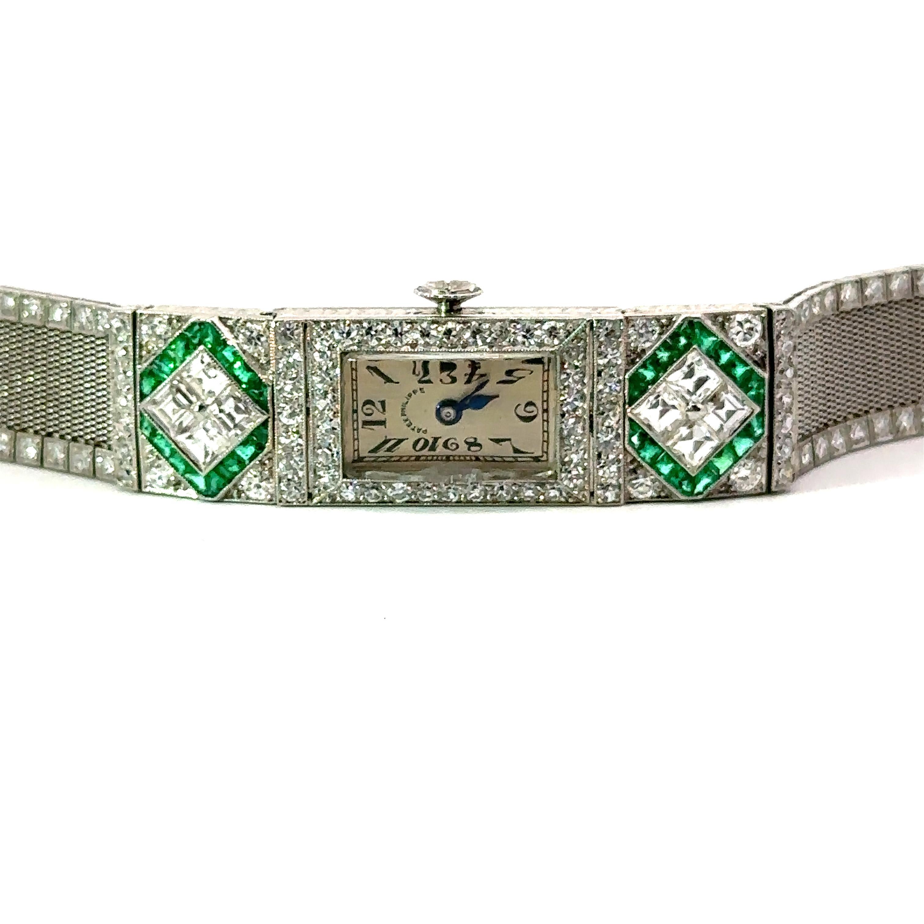 Old European Cut Patek Philippe Antique Art Deco Platinum Diamond & Emerald Mesh Watch Bracelet