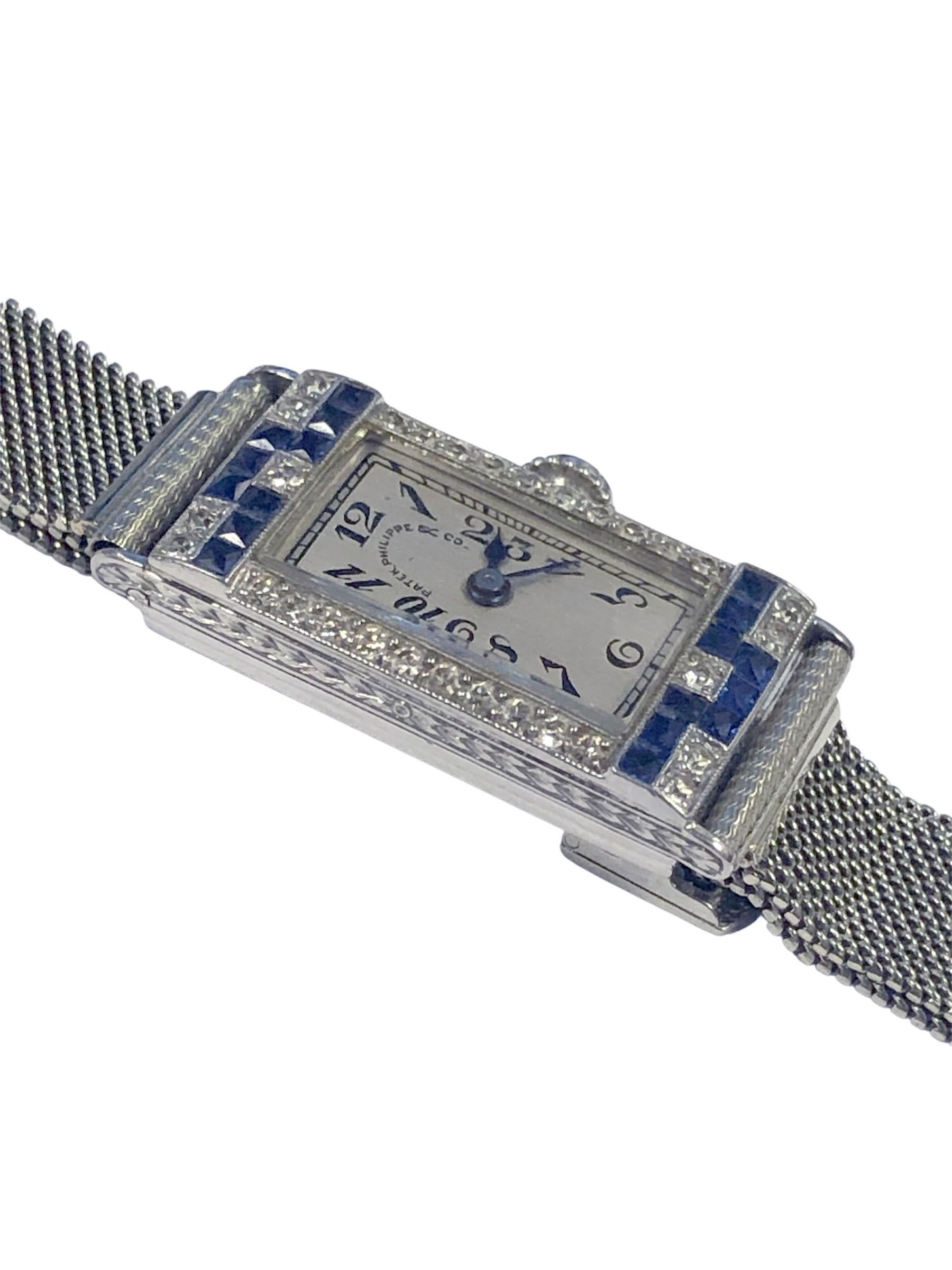 Patek Philippe Antike Art Deco Platin Diamant Saphir Damen Armbanduhr (Französischer Schliff) im Angebot