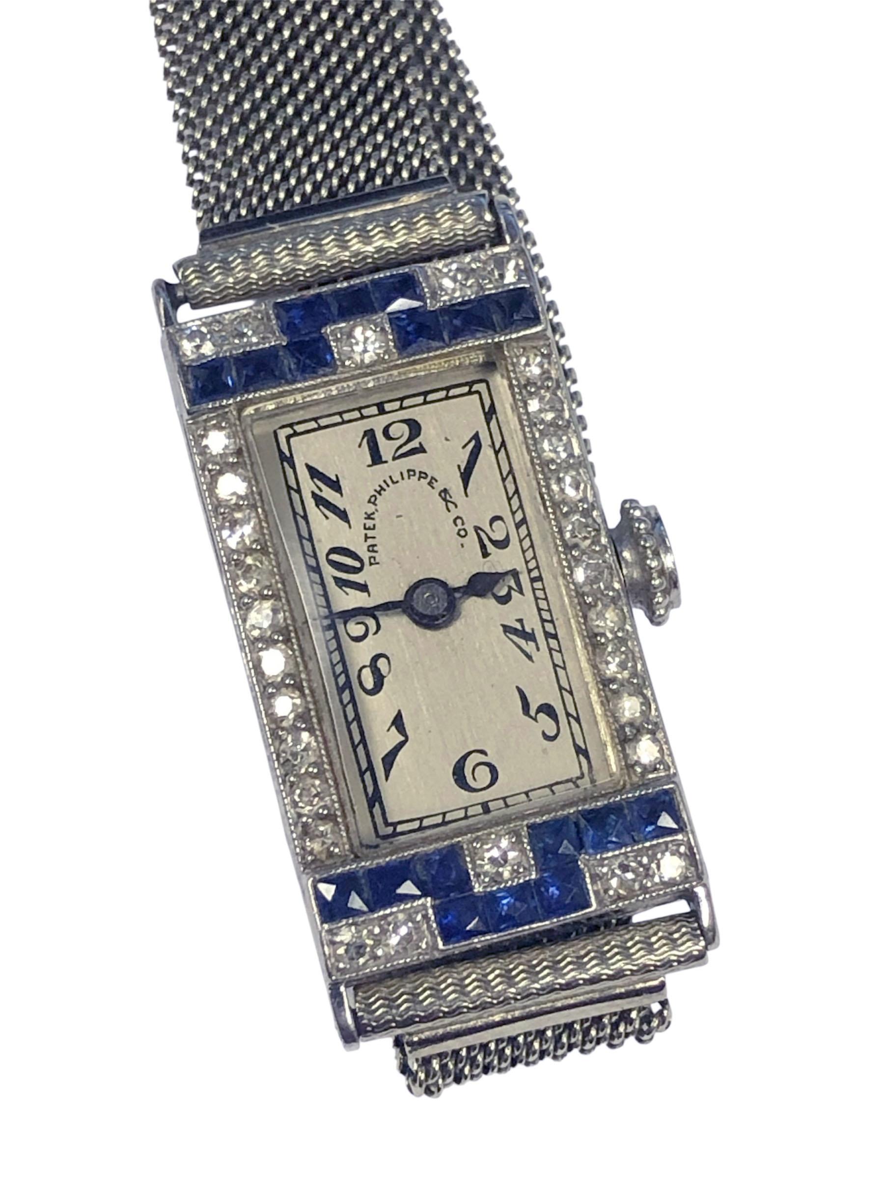 Patek Philippe Antike Art Deco Platin Diamant Saphir Damen Armbanduhr im Zustand „Hervorragend“ im Angebot in Chicago, IL