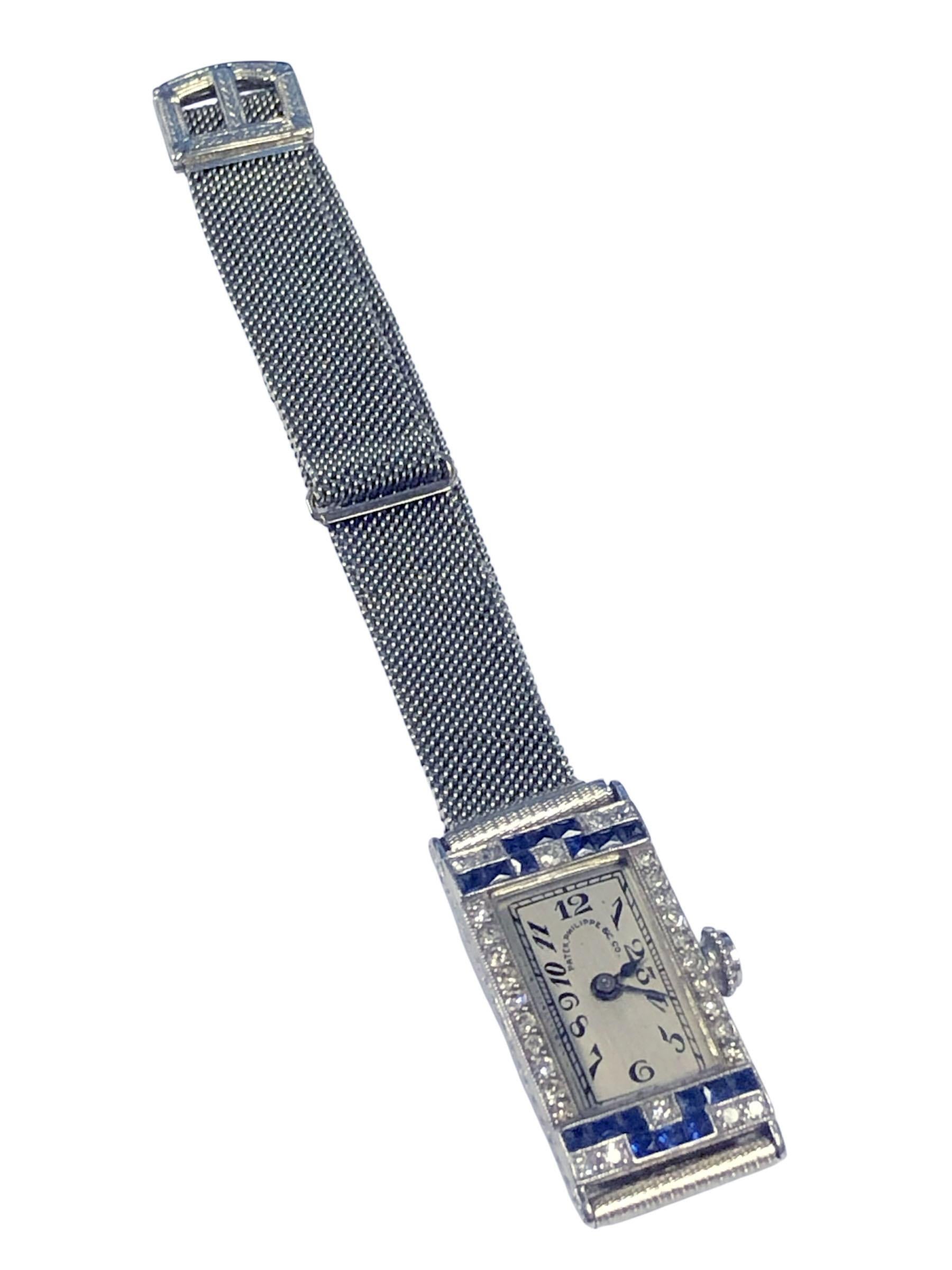 Patek Philippe Antike Art Deco Platin Diamant Saphir Damen Armbanduhr im Angebot 1