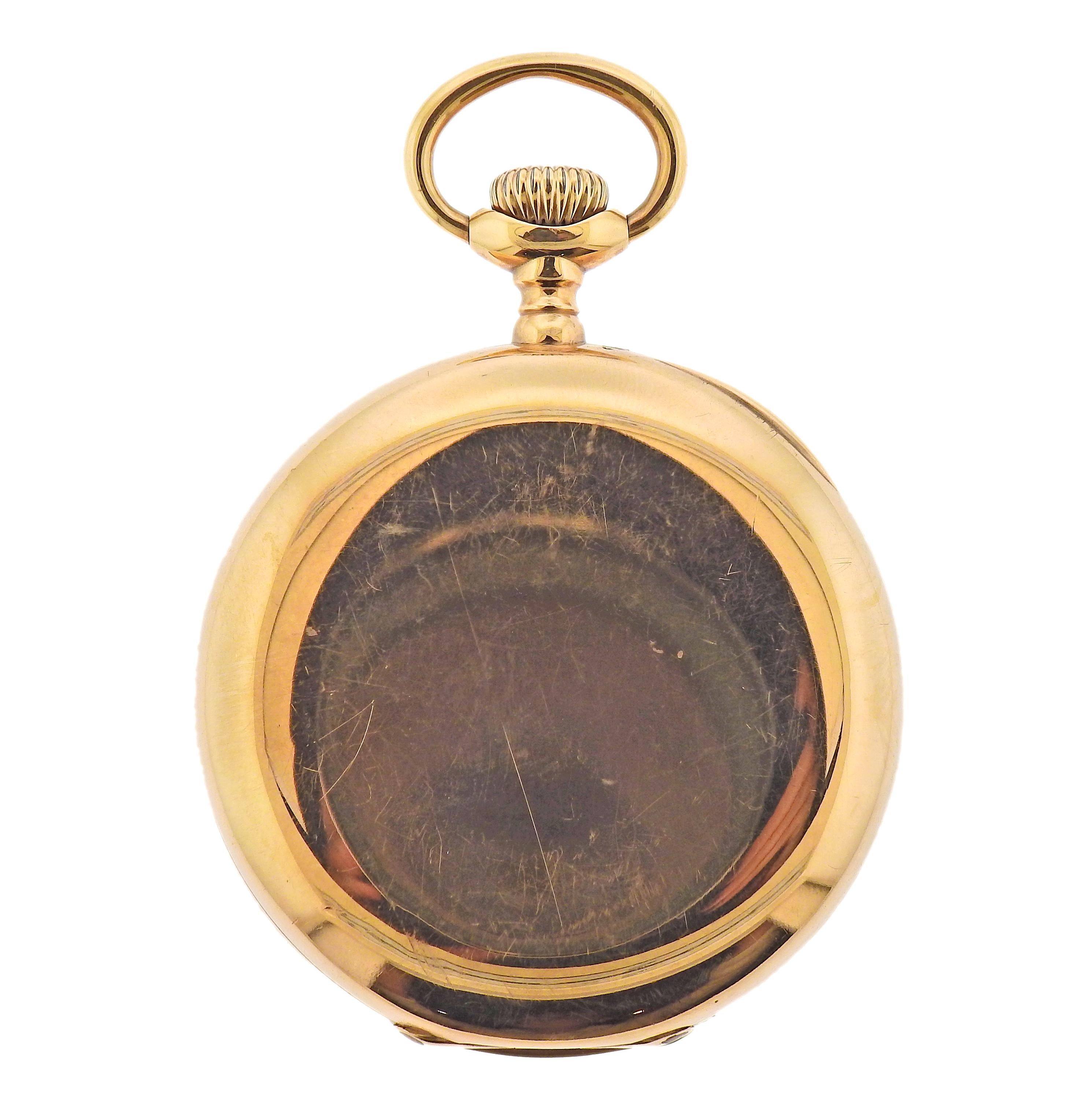 Antique Patek Philippe 14k gold pocket watch. With porcelain dial , some scratches on crystal are present. Case is 47mm in diameter. Movement marked: Patek Philippe Geneve, No. 176894, Case marked - 281110, 0.585, PPC. Weight - 81.6 grams.