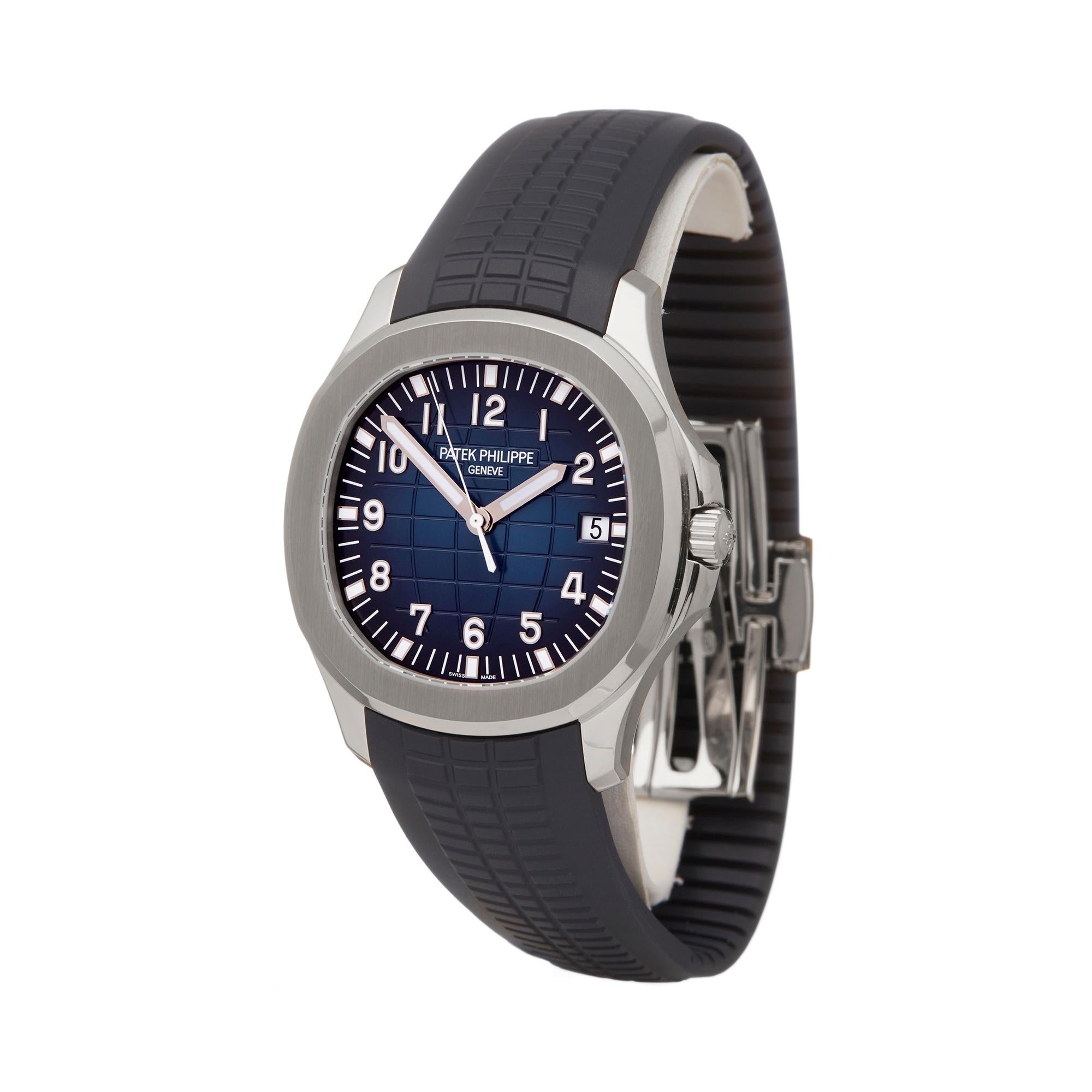 Reference: W6045
Manufacture: Patek Philippe
Model: Aquanaut
Model Reference: 5168G-001
Age: 15th February 2019
Gender: Men's
Box and Papers: Box, Manuals and Guarantee
Dial: Blue Arabic
Glass: Sapphire Crystal
Movement: Automatic
Water Resistance: