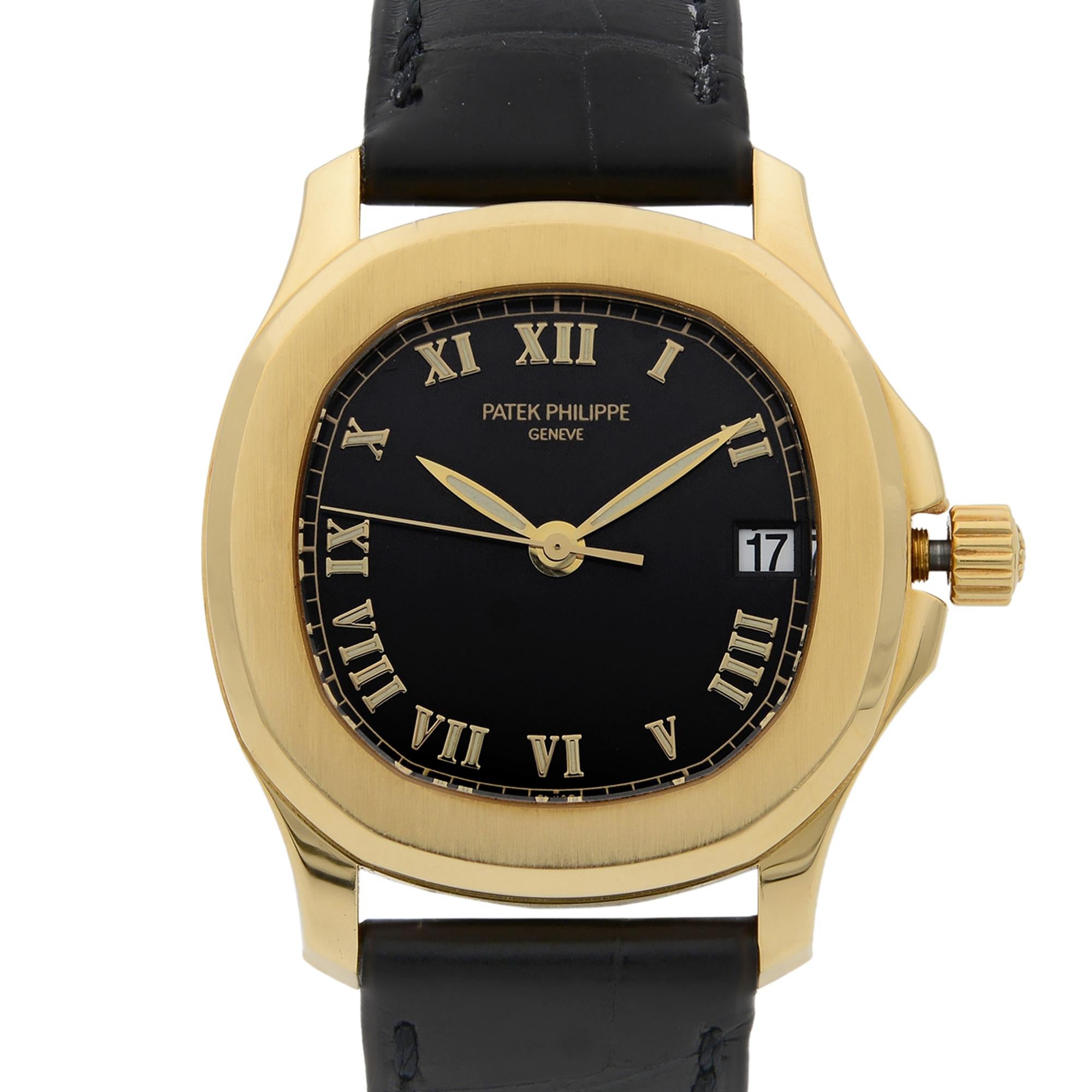This pre-owned Patek Philippe Aquanat 5060J-001 is a beautiful men's timepiece that is powered by mechanical (automatic) movement which is cased in a yellow gold case. It has a round shape face, date indicator dial and has hand roman numerals style