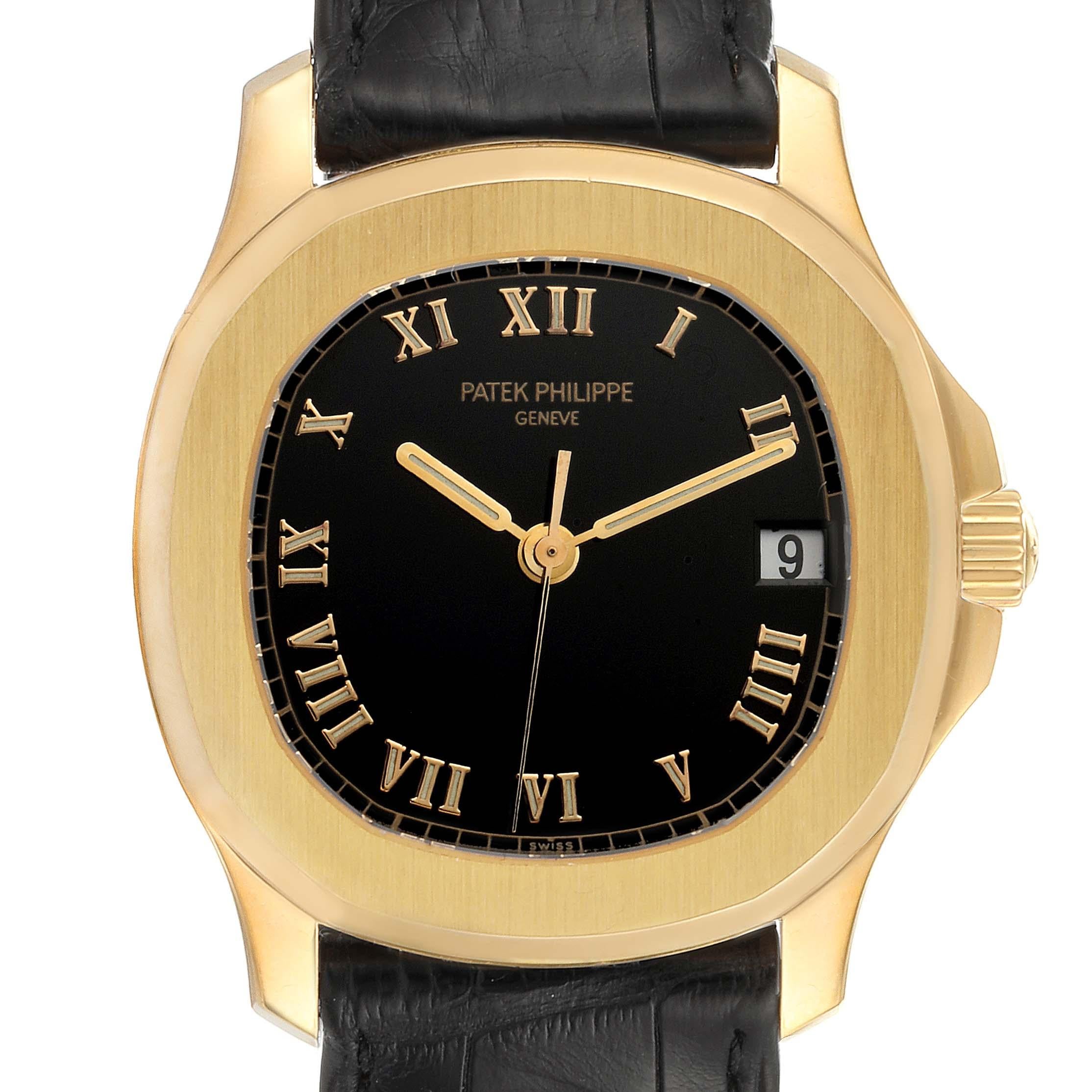 Patek Philippe Aquanaut 18k Yellow Gold Black Dial Mens Watch 5060J. Automatic movement. 18K yellow gold case 36 mm. Patek cross logo on the crown. . Scratch resistant sapphire crystal. Black dial with raised gold arabic numerals. Luminous hands and