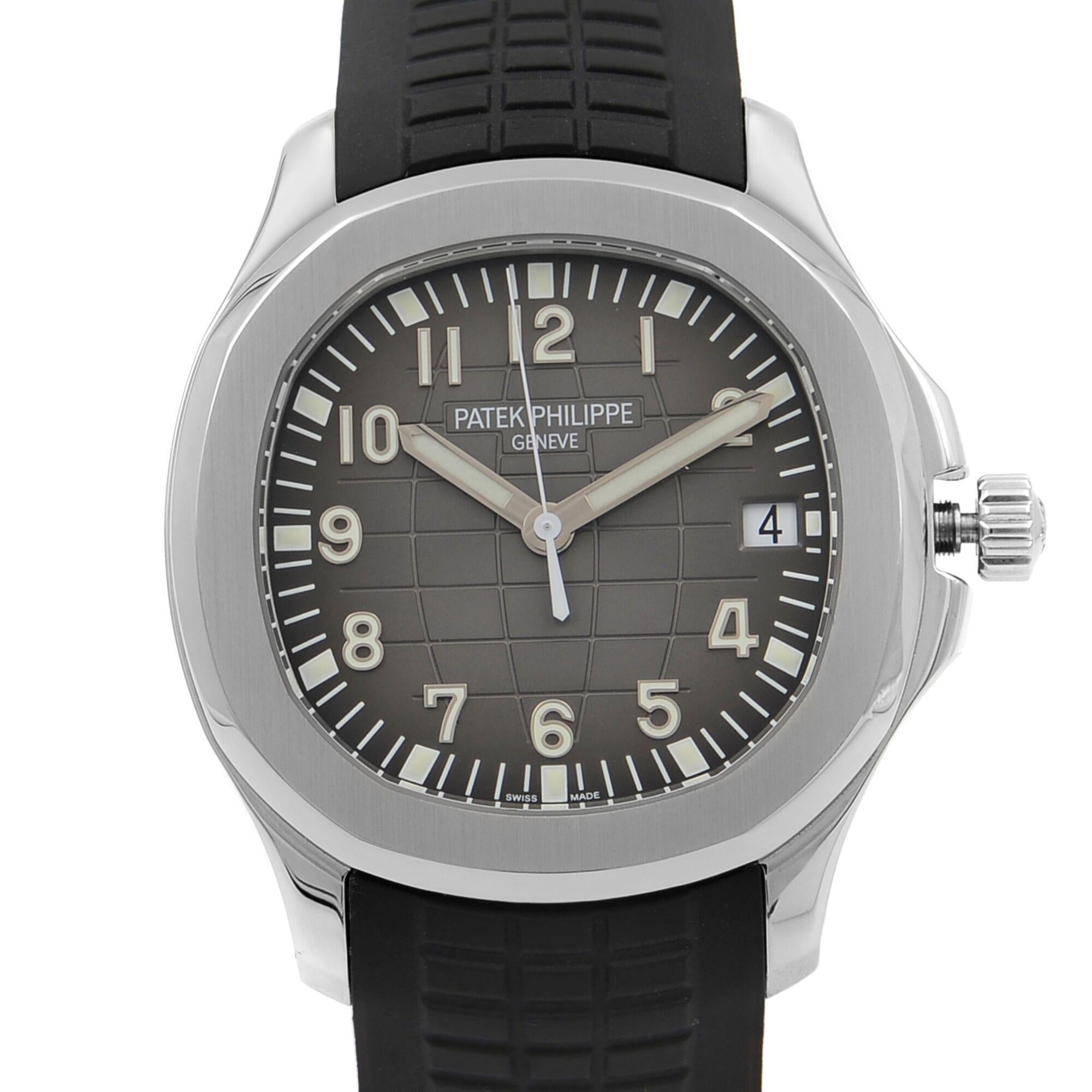 This pre-owned mint condition Patek Philippe Aquanaut  5167A-001 is a beautiful men's timepiece that is powered by mechanical (automatic) movement which is cased in a stainless steel case. It has a round shape face, date indicator dial and has hand 