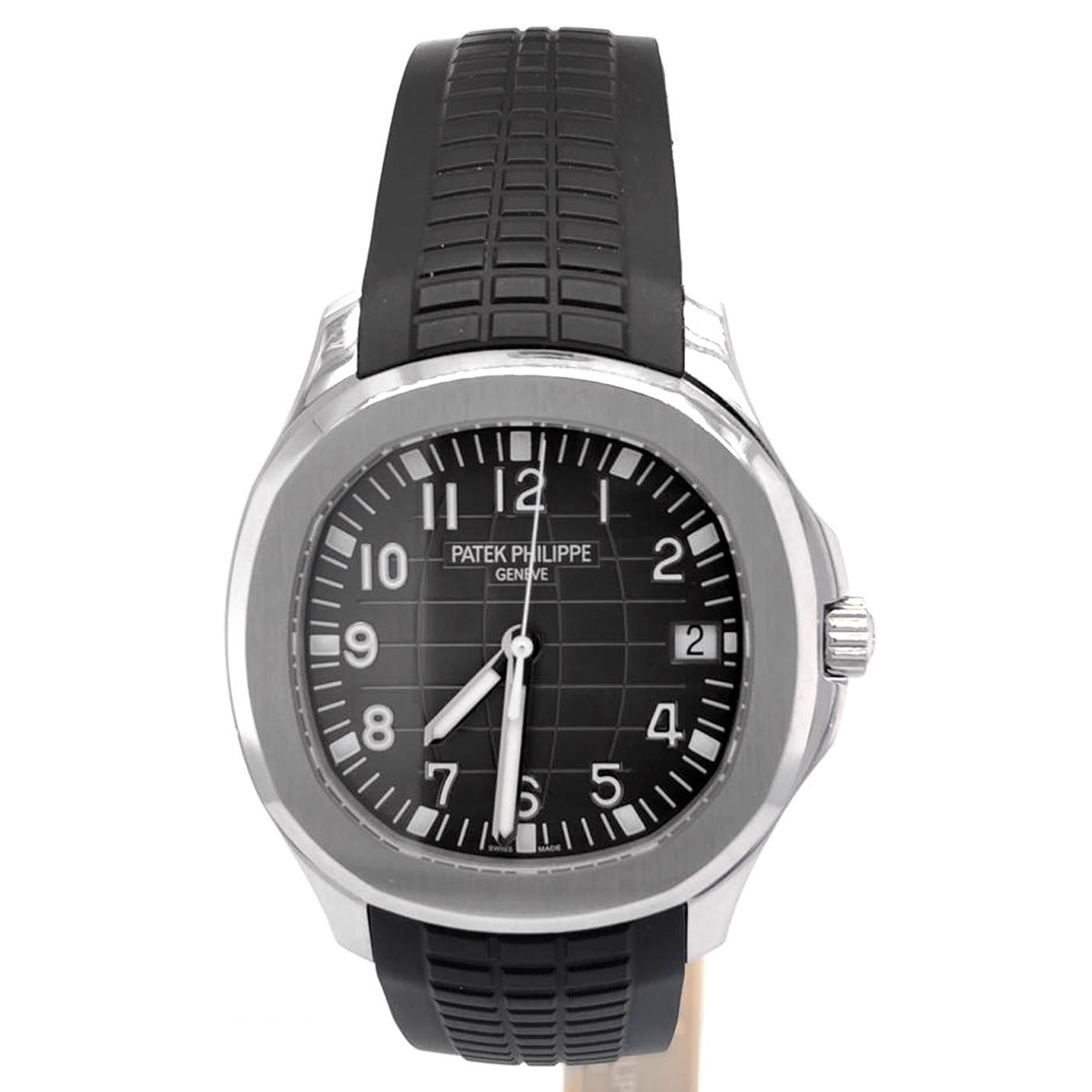 Patek Philippe Aquanaut's (51671A001) self-winding automatic watch, features a 40mm stainless steel case surrounding a black embossed dial on a black Tropical strap with a stainless steel buckle. Functions include hours, minutes, seconds, and