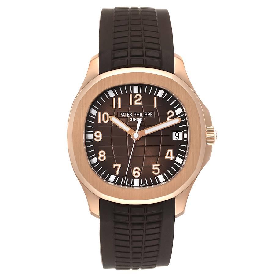 Patek Philippe Aquanaut Date Rose Gold Brown Strap Mens Watch 5167R. Automatic self-winding movement with date and sweep seconds. 18k rose gold case 41 mm in diameter. 8.5mm case thickness. Screw down crown. Exhibition sapphire case back. . Scratch
