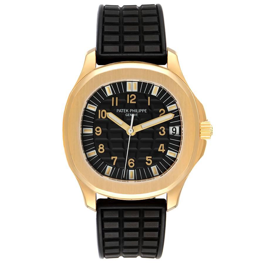 Patek Philippe Aquanaut Jumbo 38mm Yellow Gold Black Dial Mens Watch 5065. Automatic self-winding movement. 18K yellow gold case 38 x 38 mm. Case thickness: 8 mm. Transparent exhibition sapphire crystal case back. 18K yellow gold flat bezel. Scratch