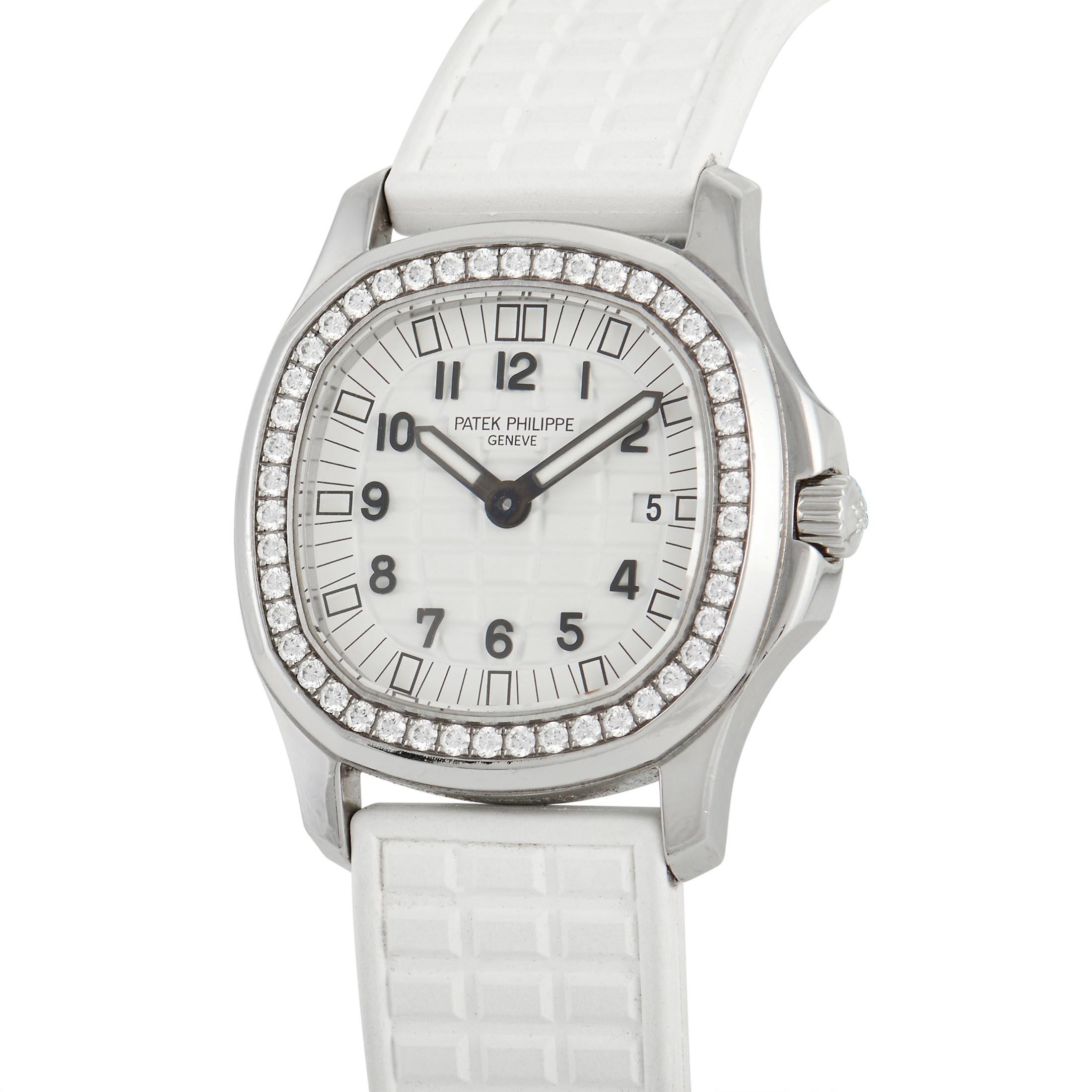 The Patek Philippe Aquanaut Ladies Watch, reference number 4961A-001, is an impeccably crafted luxury timepiece. 

This watch’s opulent 36mm stainless steel case contrasts beautifully against the textured rubber strap. Accented by a glittering