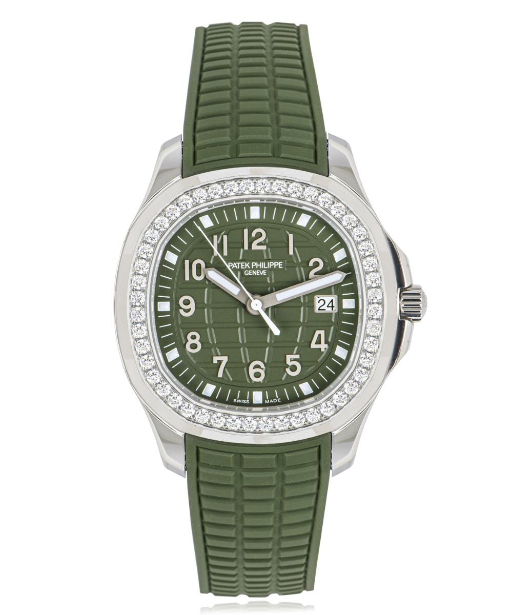 An unworn 39mm stainless steel Aquanaut Luce from Patek Philippe, featuring a khaki green dial embossed with the Aquanaut pattern. The bezel is lit up by 48 round brilliant cut diamonds (~1.17ct). An original khaki green rubber strap is equipped