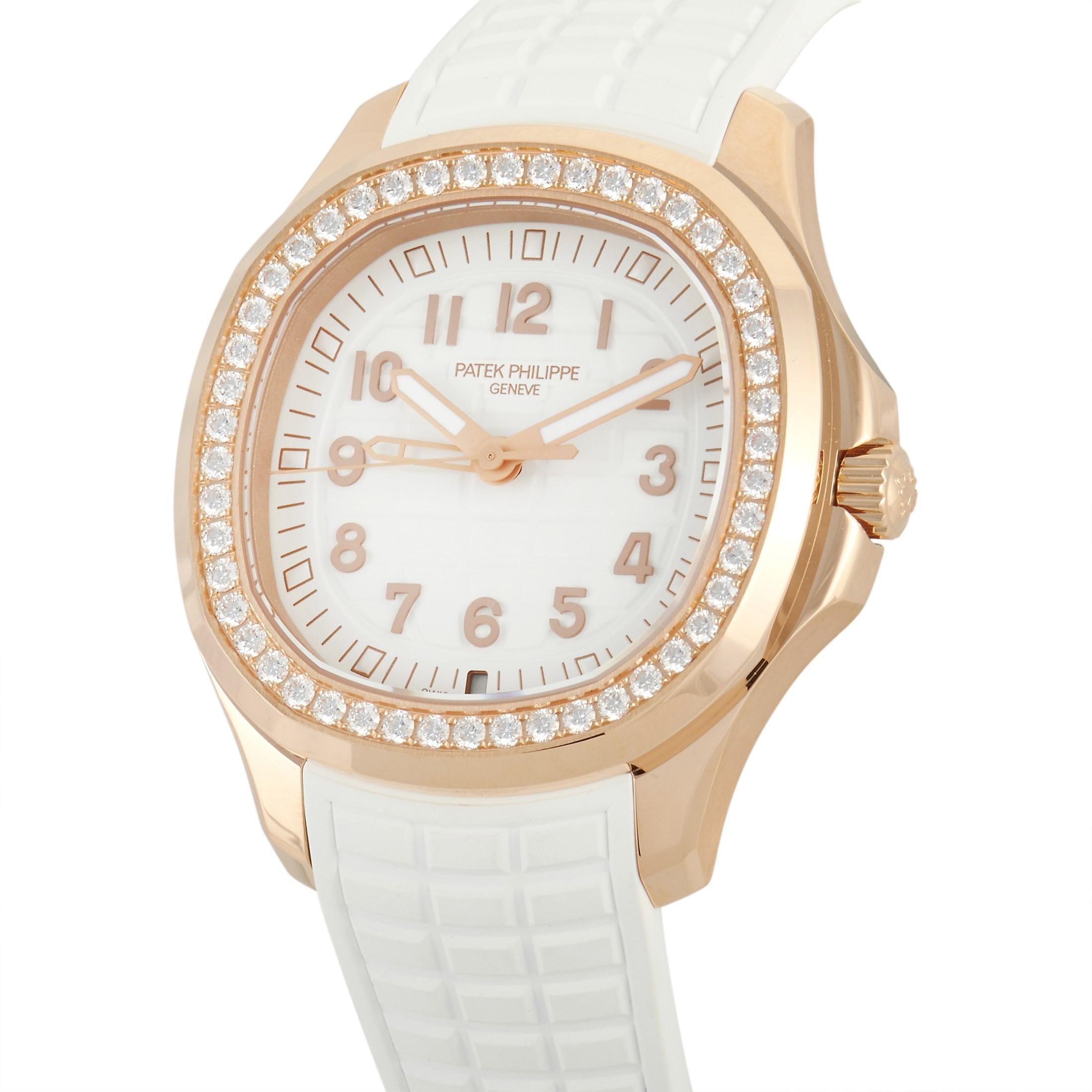 The Patek Philippe Aquanaut Luce Travel Watch, reference number 5269/200R-001, is chic, spectacular, and statement making. 

This impeccably crafted ladies timepiece features a glistening 18K Rose Gold case accented by both polished and satin