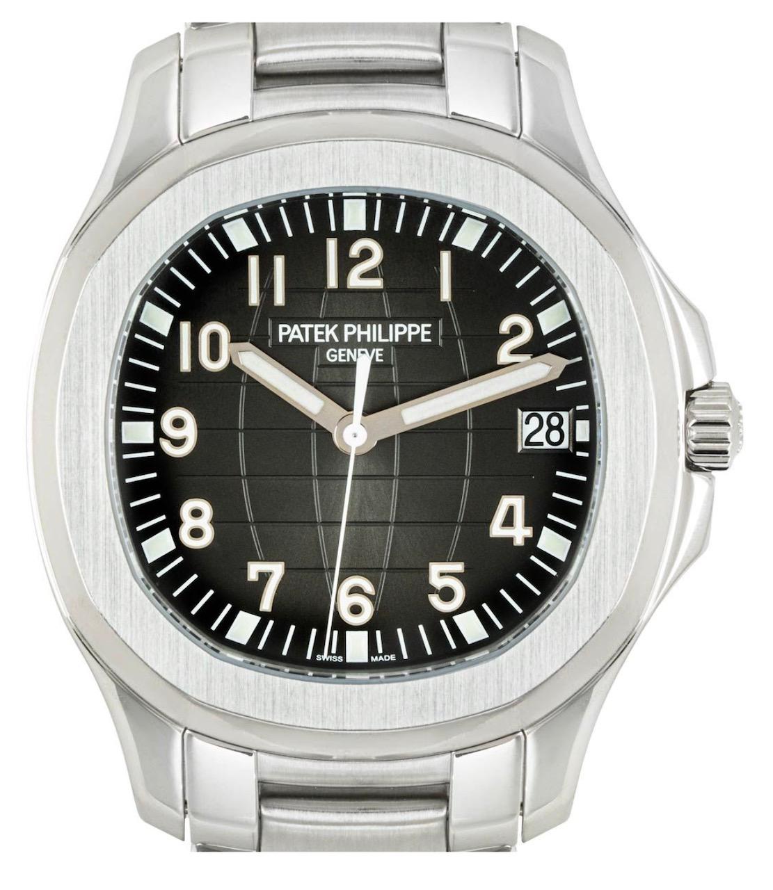 A stainless steel Aquanaut from Patek Philippe. Features a black embossed dial with a date aperture and a rounded octagon case which was inspired by the Nautilus.

The stainless steel bracelet is equipped with a concealed Aquanaut double fold-over