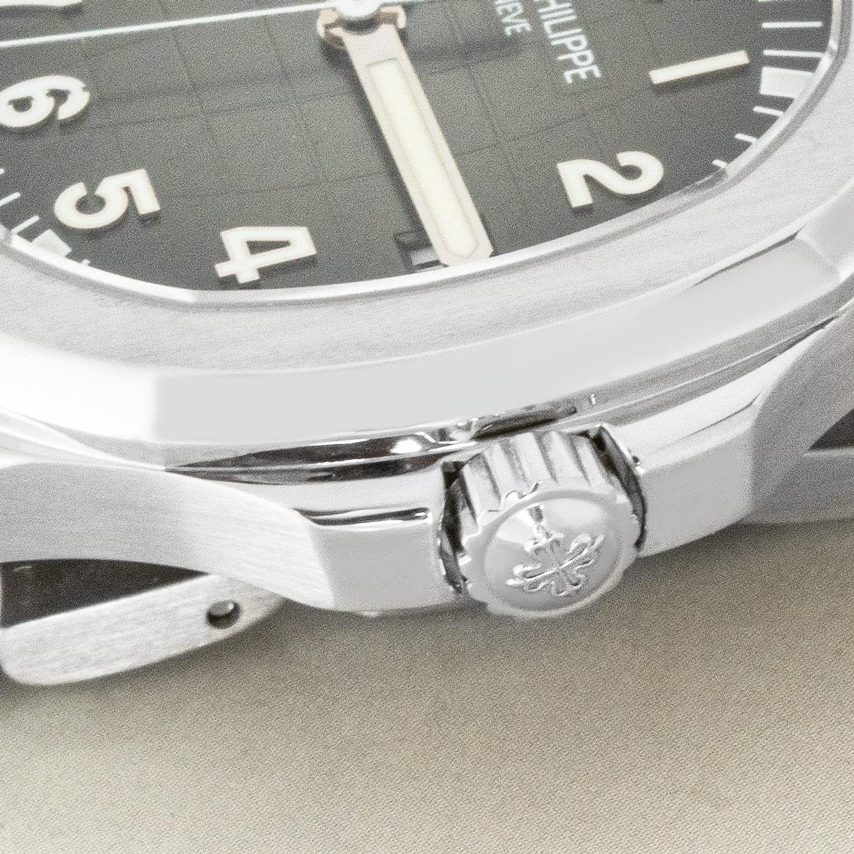 A stainless steel Aquanaut by Patek Philippe. Features a black embossed dial with a date display and a rounded octagon case which was inspired by the Nautilus.

The stainless steel bracelet is equipped with an Aquanaut fold-over clasp, also in
