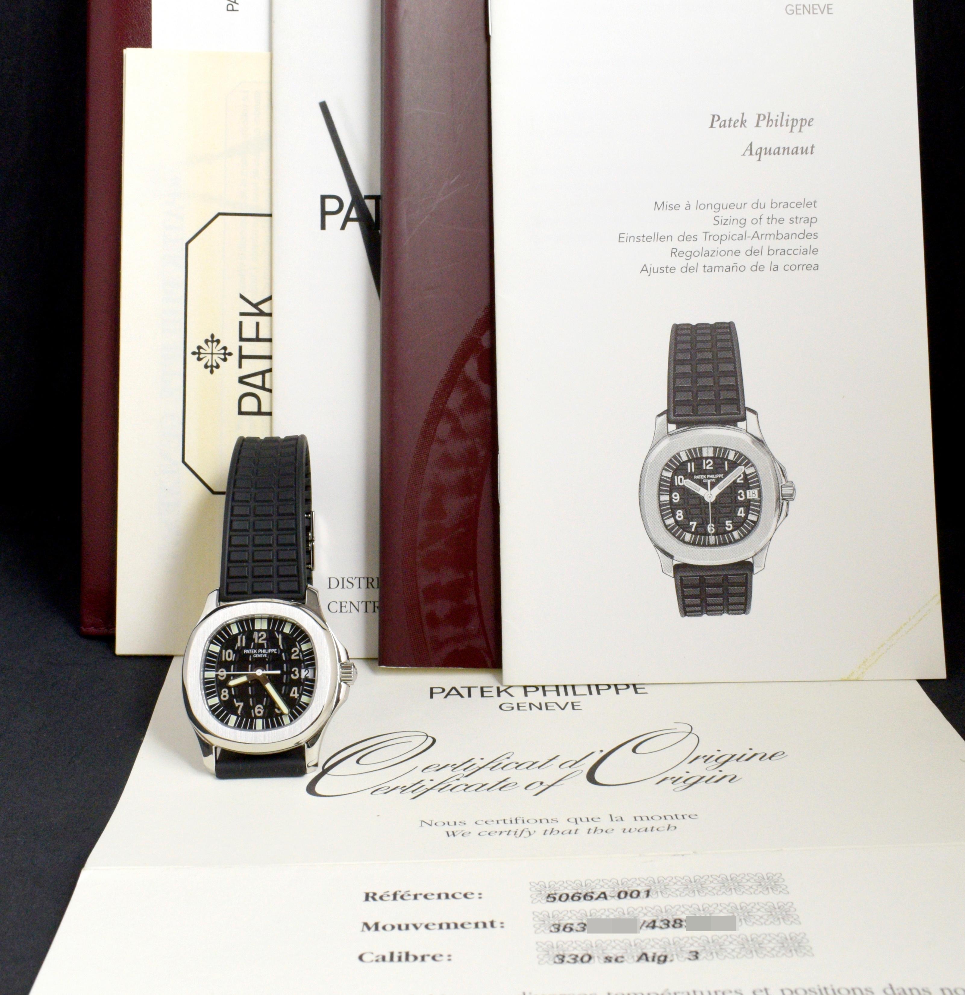 Marke: Patek Philippe
Modell: 5066A-001 Aquanaut
Jahr: 2007
Seriennummer: 363xxxx / 438xxxx
Referenz: C03757

Die 1997 erschienene Aquanaut war die erste Armbanduhr von Patek Philippe, die mit einem Kautschukarmband ausgestattet war, und sie