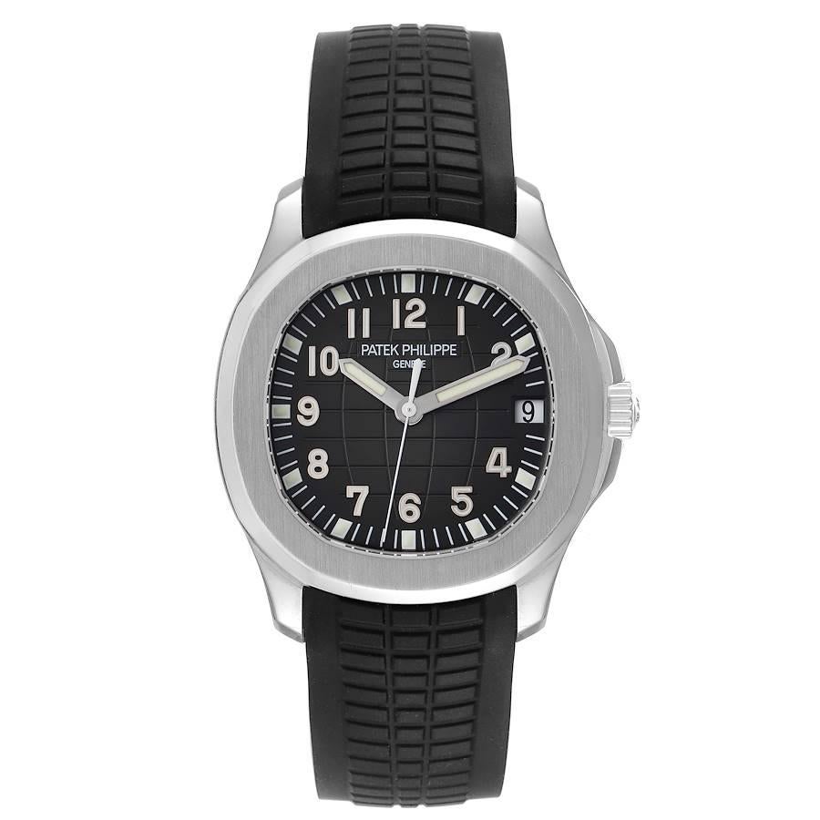 Patek Philippe Aquanaut Steel Rubber Strap Mens Watch 5165A Box Papers. Automatic movement. Stainless steel case 38 x 38 mm. Transparrent exhibition sapphire crystal case back. . Scratch resistant sapphire crystal. Embossed black dial with arabic