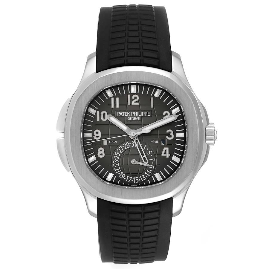Patek Philippe Aquanaut Travel Time Steel Mens Watch 5164 Box Papers. Automatic self-winding movement. Stainless steel case 40.8 x 40.8 mm. Transparrent exhibition case back. . Scratch resistant sapphire crystal. Embossed black dial with arabic