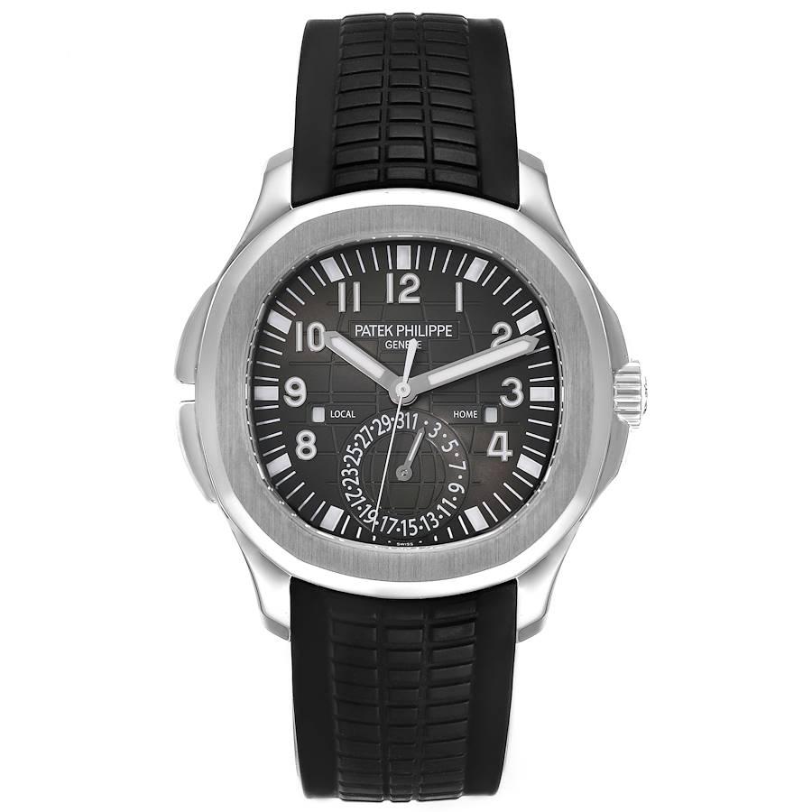 Patek Philippe Aquanaut Travel Time Steel Mens Watch 5164A Box Papers. Automatic self-winding movement. Stainless steel case 40.8 x 40.8 mm. Transparent exhibition case back. . Scratch resistant sapphire crystal. Embossed black dial with arabic