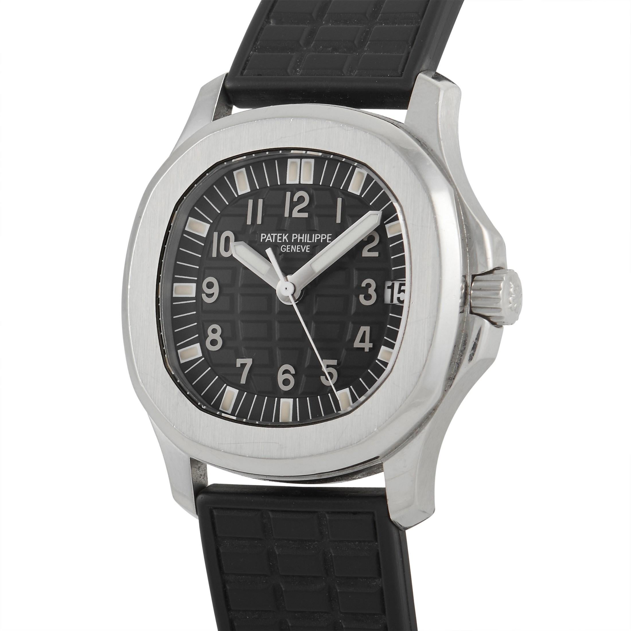 The Patek Philippe Aquanaut Watch, reference number 5066A, possesses an understated sense of style.

On this timeless accessory, you’ll find a durable black rubber strap as well as a 36mm cushion-shaped stainless steel case. The textured black dial