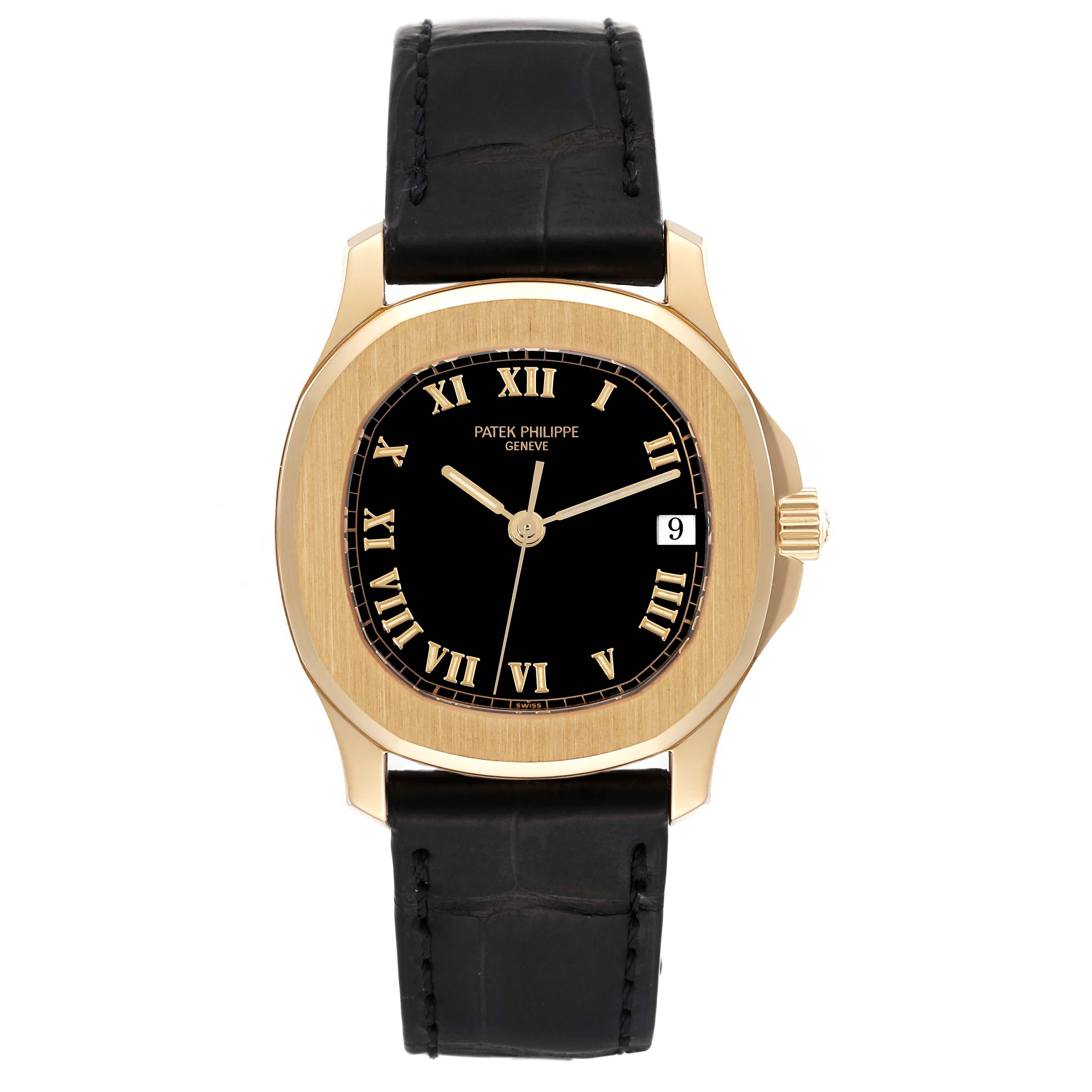 Patek Philippe Aquanaut Yellow Gold Black Dial Mens Watch 5060J. Automatic movement. 18k yellow gold case 36 mm. Patek Philippe cross logo on the crown. . Scratch resistant sapphire crystal. Black dial with raised gold Roman numerals. Luminous hands