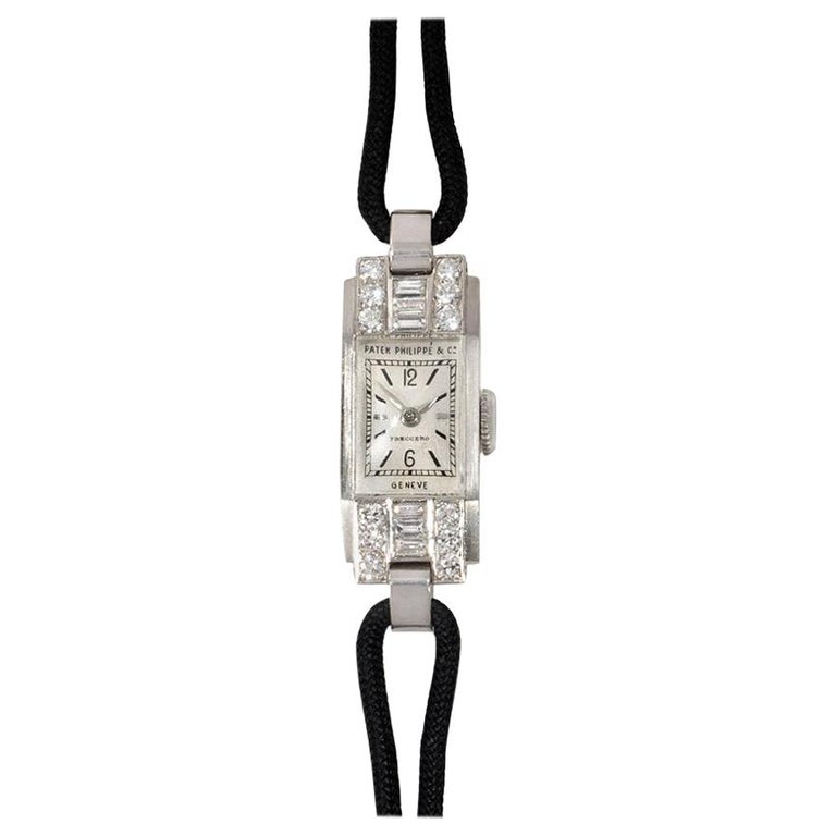Patek Philippe Art Deco Diamond and Platinum Dress Watch with Black