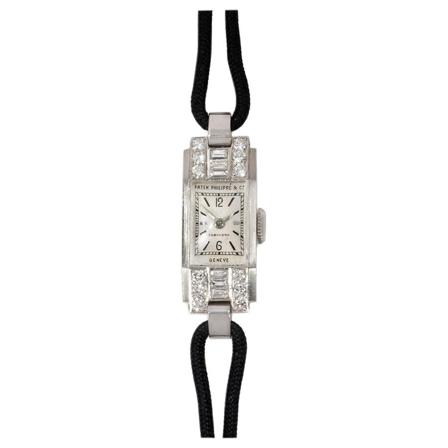 Patek Philippe Art Deco Diamond Wristwatch with Black Cord Band
